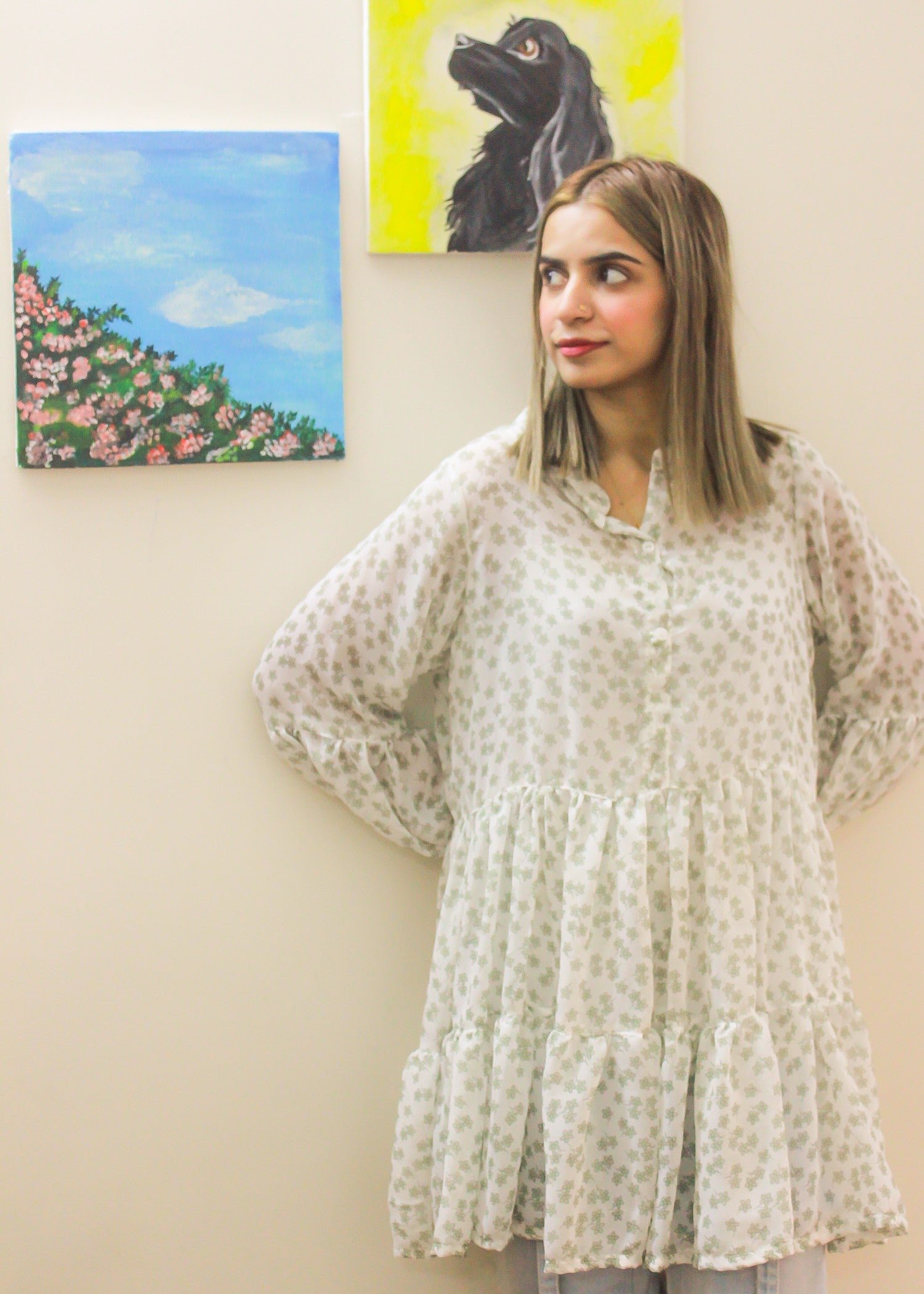 crinkle Dress in Mint green, off-white
