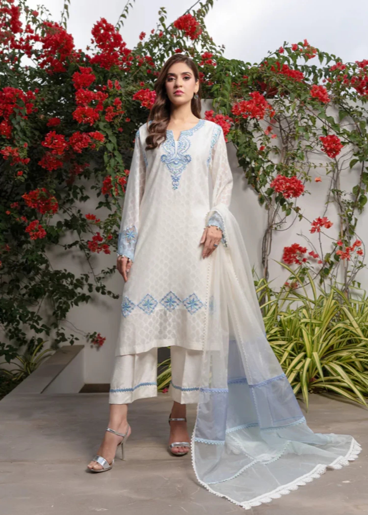 khaddi net Kurta Set in White