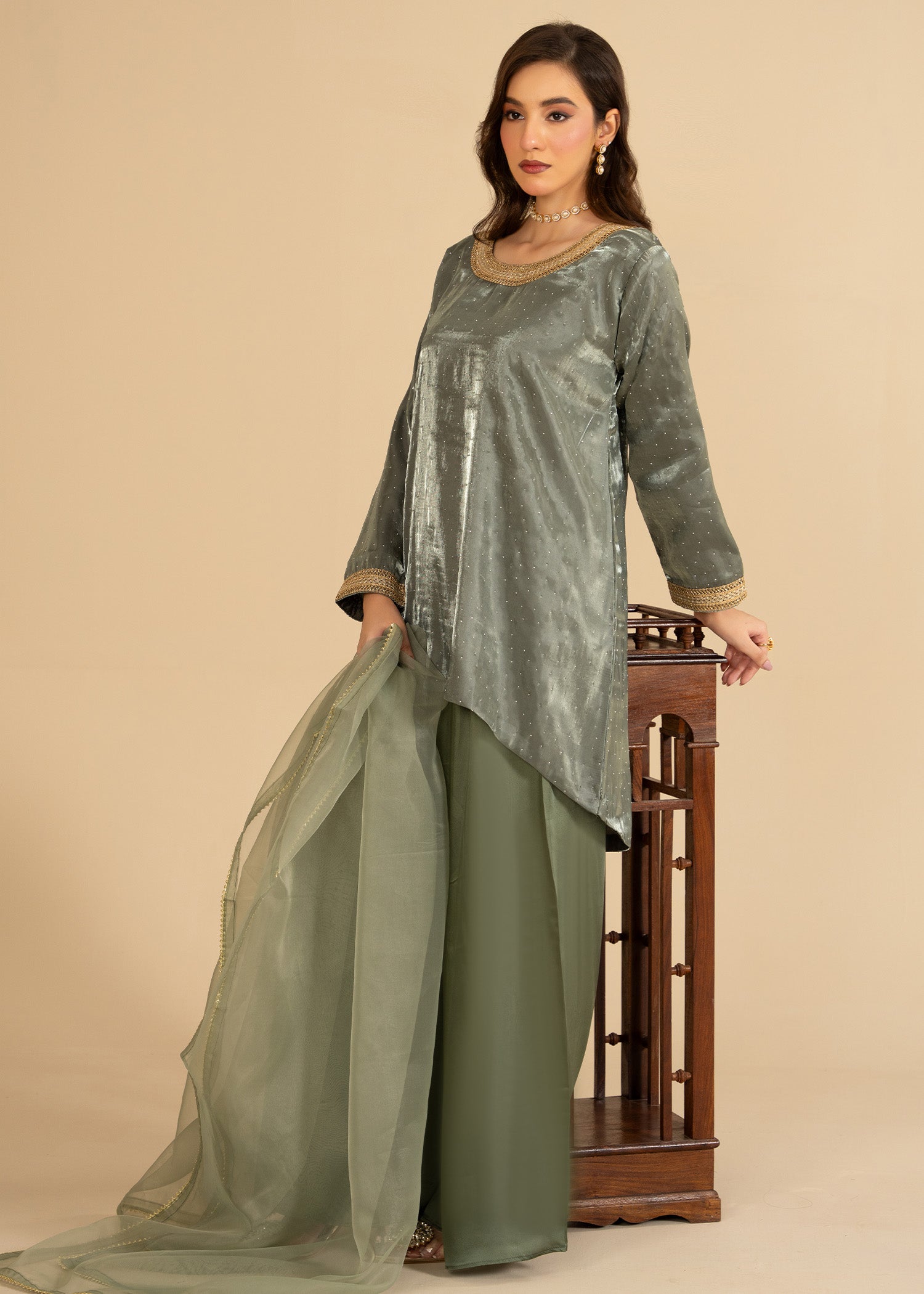 zari organza Short Frock in Moss green