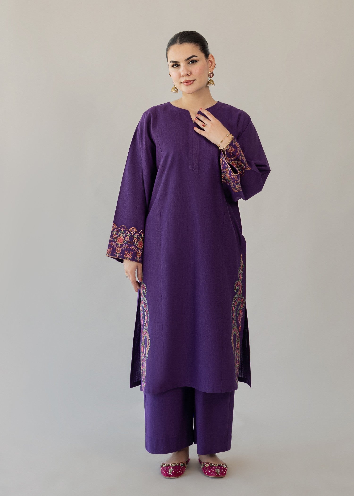slub khaddar Kurta Set in Purple