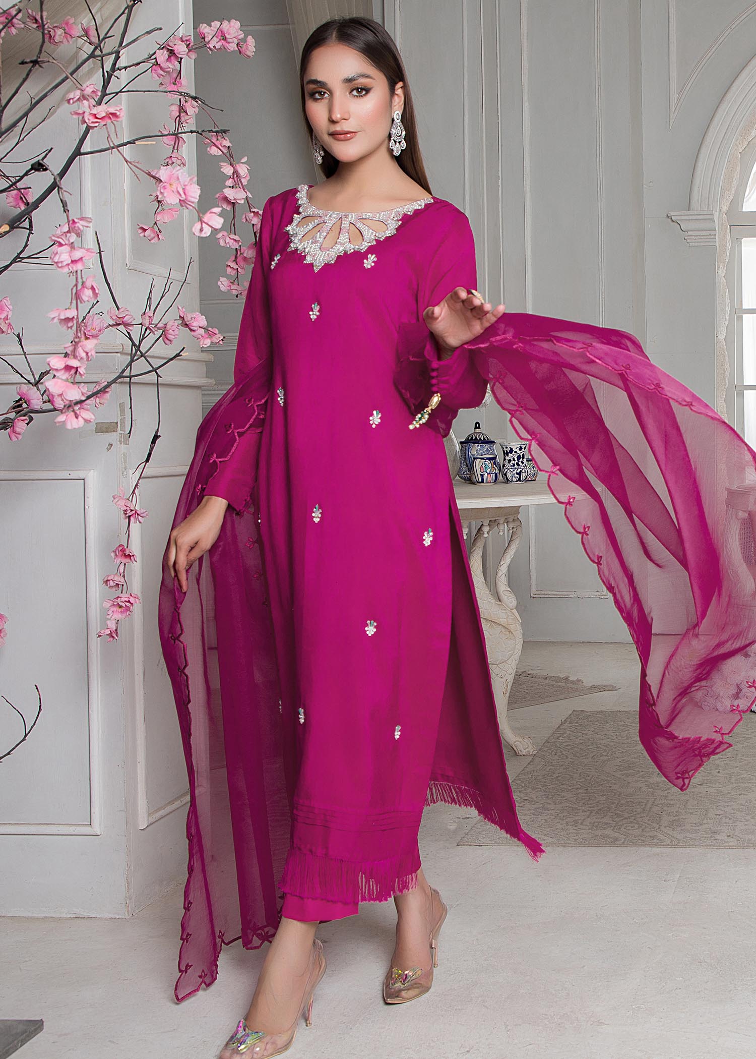 raw silk Kurta Set in Magenta