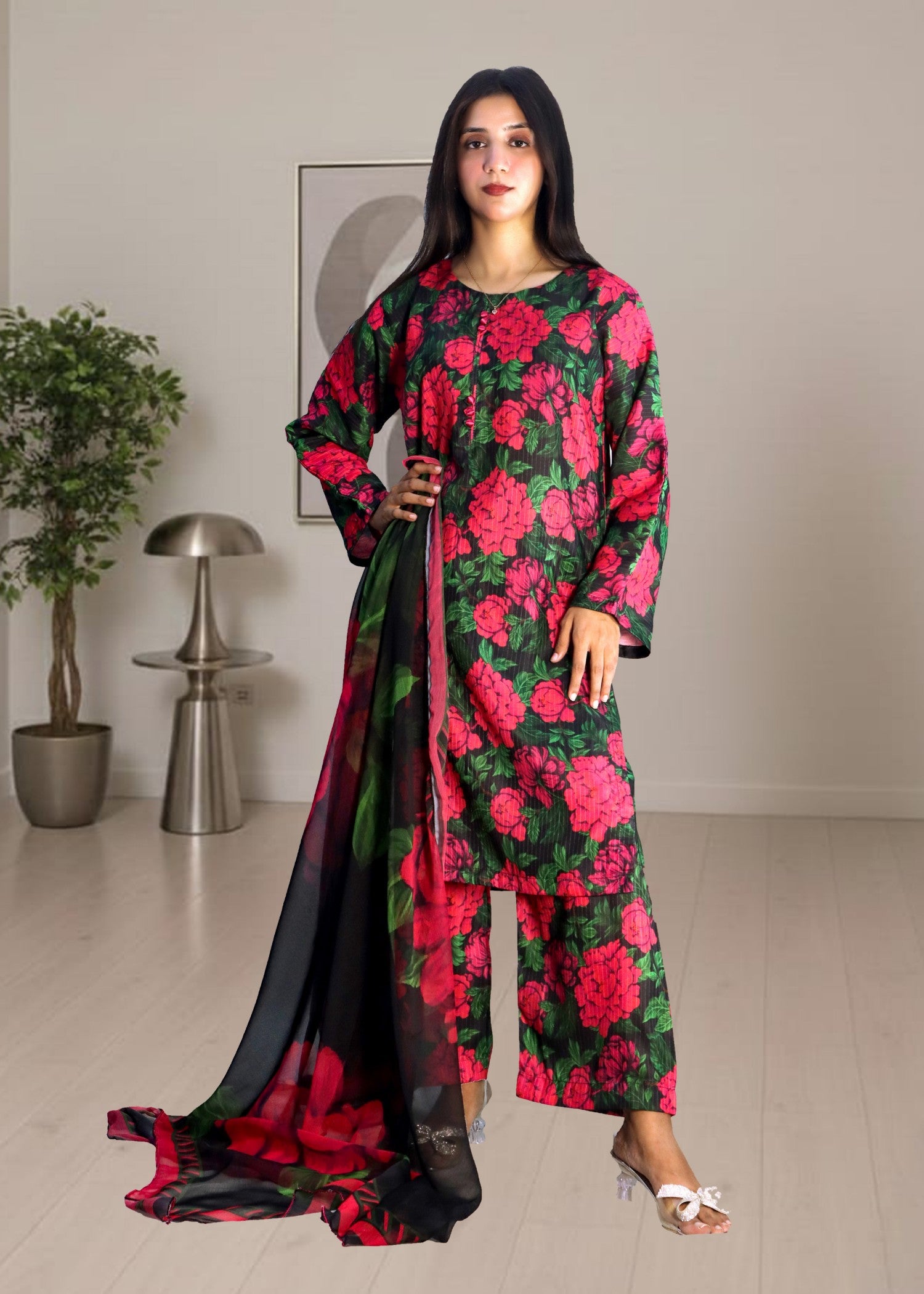 slub khaddar Kurta Set in Multi