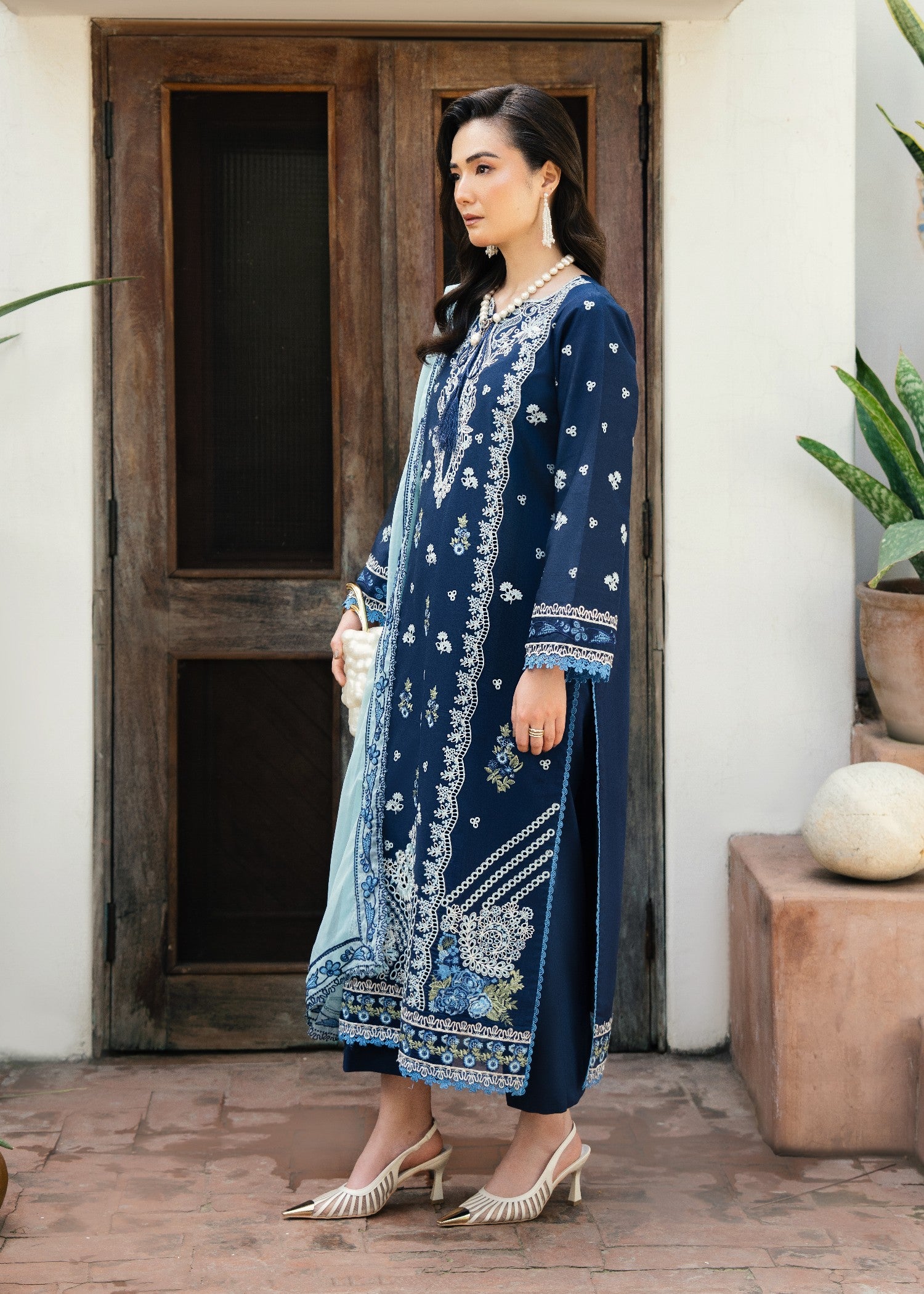 lawn Kurta Set in Powder blue, navy blue