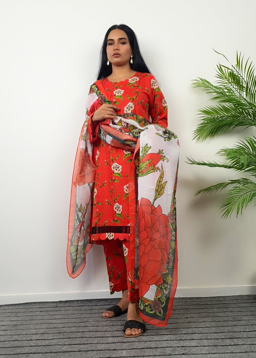 lawn Kurta Set in Tomato red