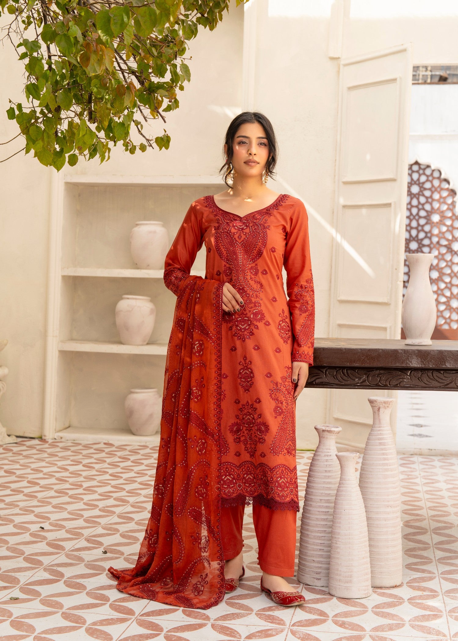 lawn cotton Kurta Set in Chili orange