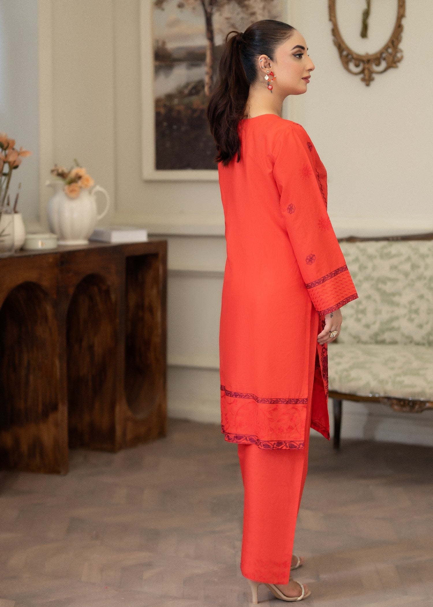 lawn cotton Kurta Set in Coral red