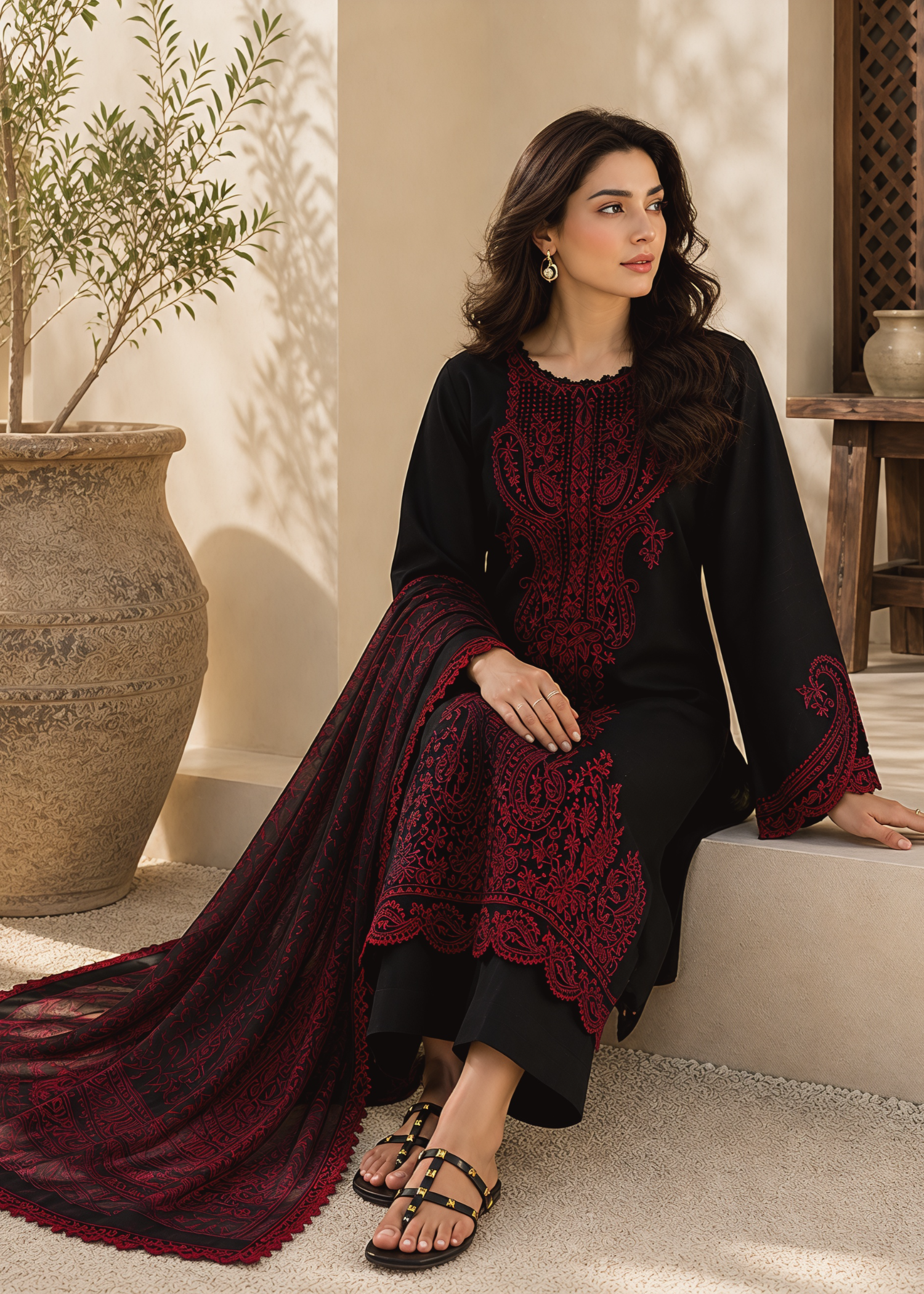 linen Kurta Set in Black, maroon