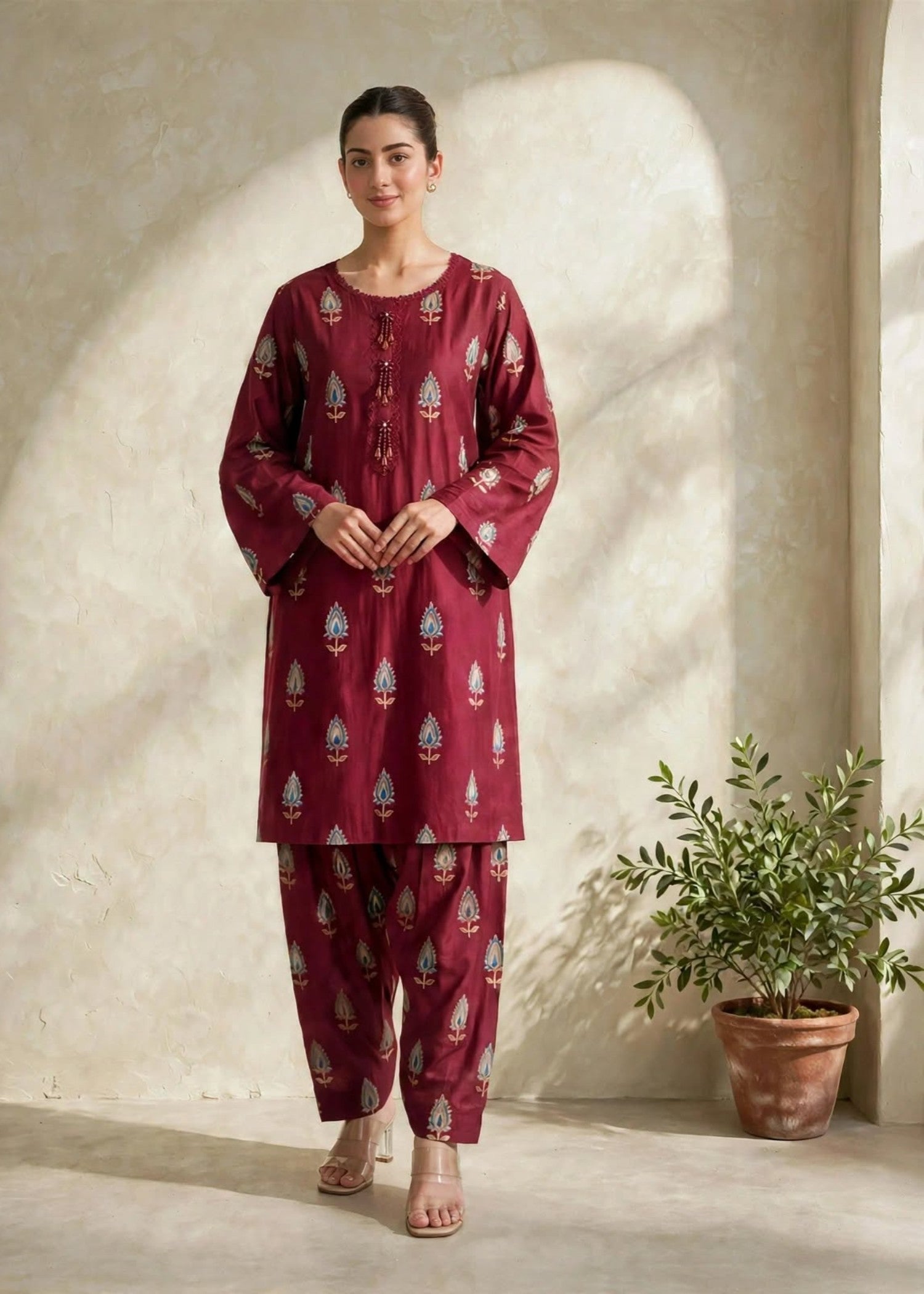 arabic lawn Co Ord Sets in Maroon