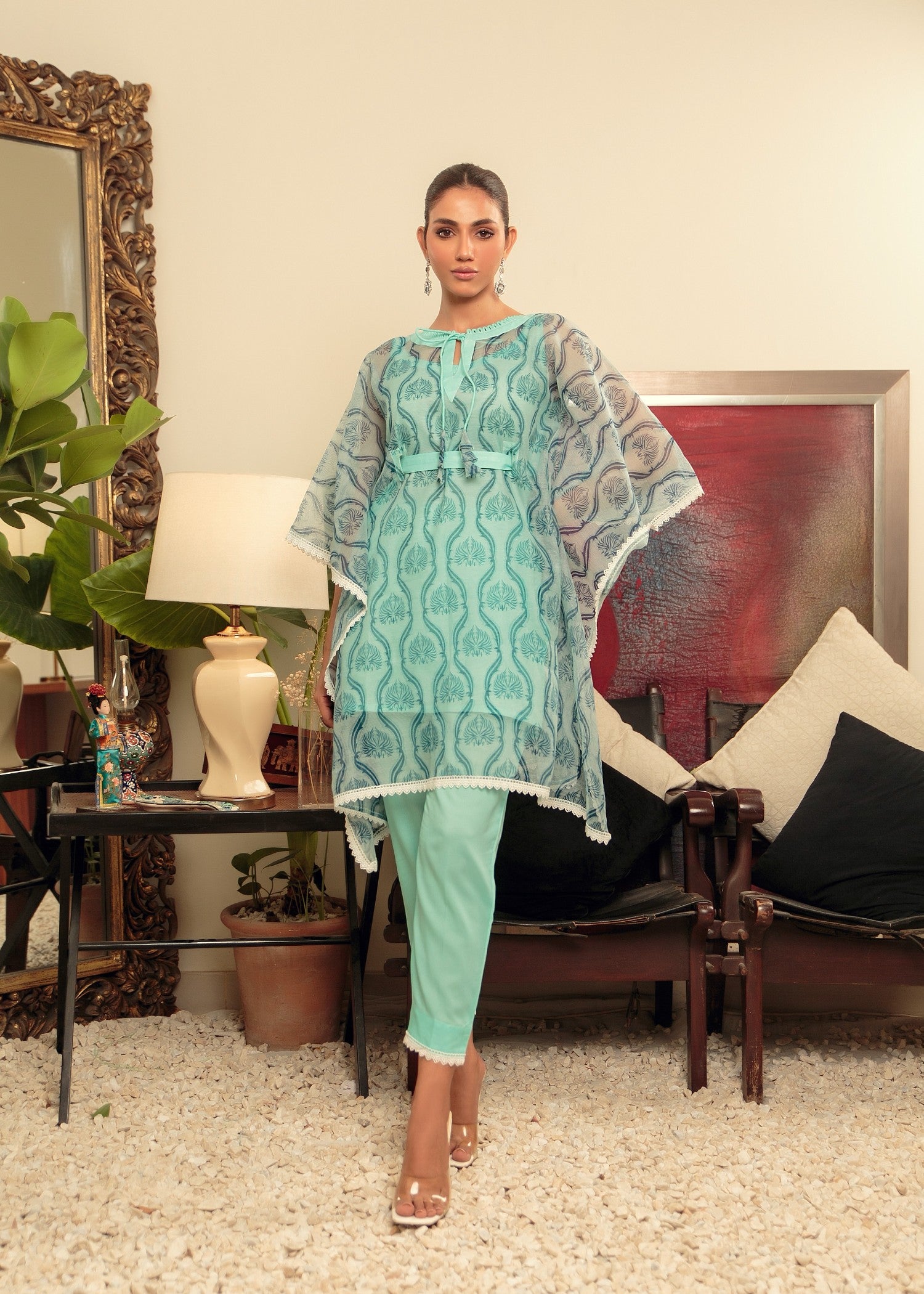 khaddi net Kaftan in Light blue