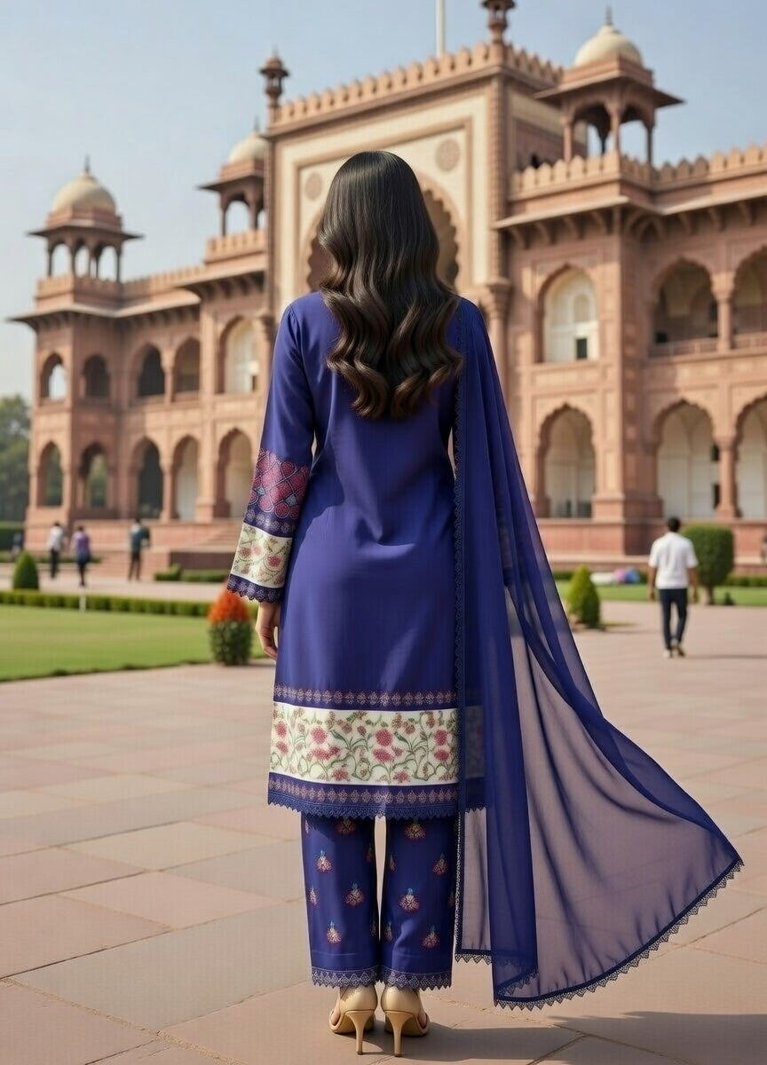 poly lawn Kurta Set in Blue