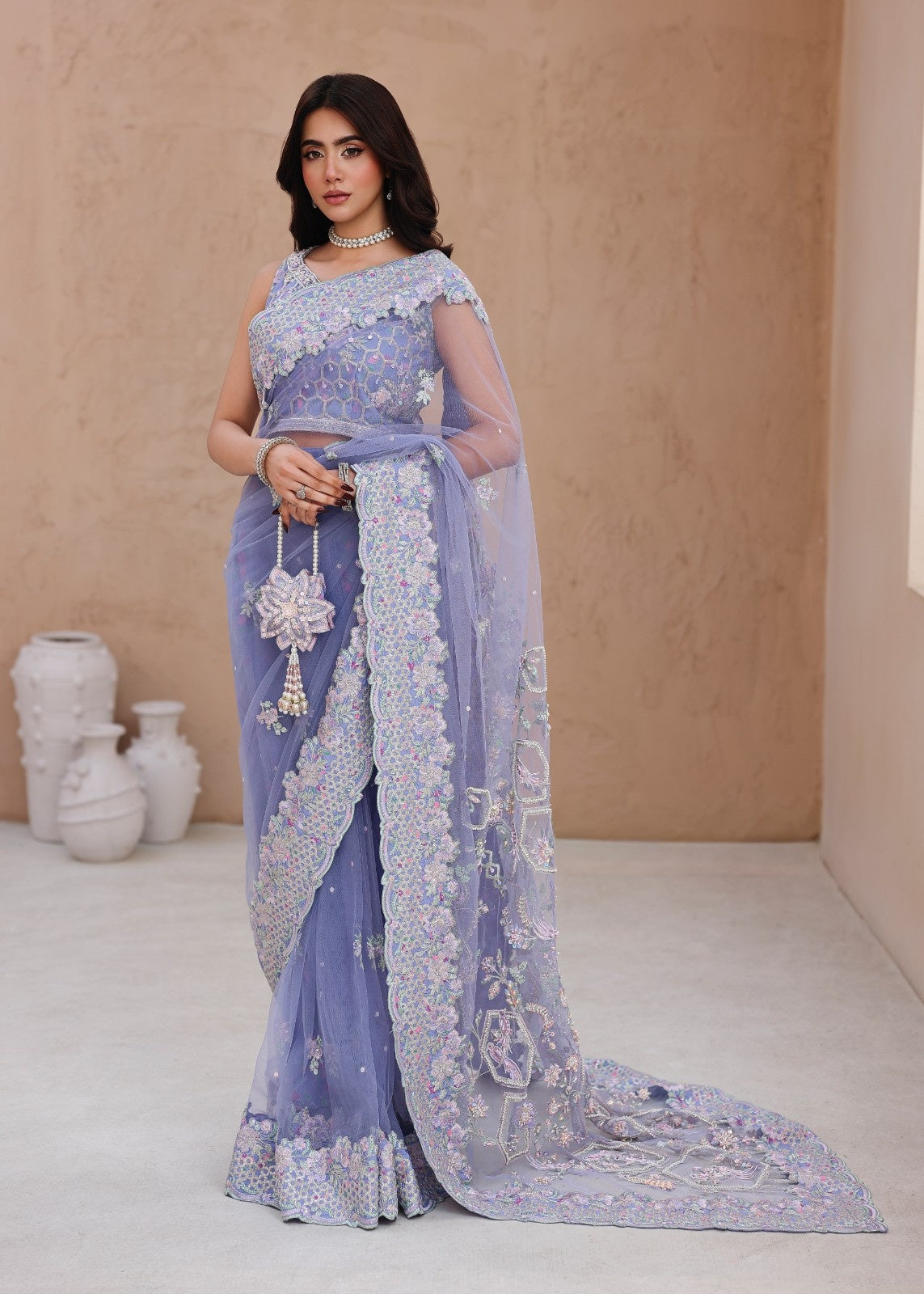 net Saree in Lavender