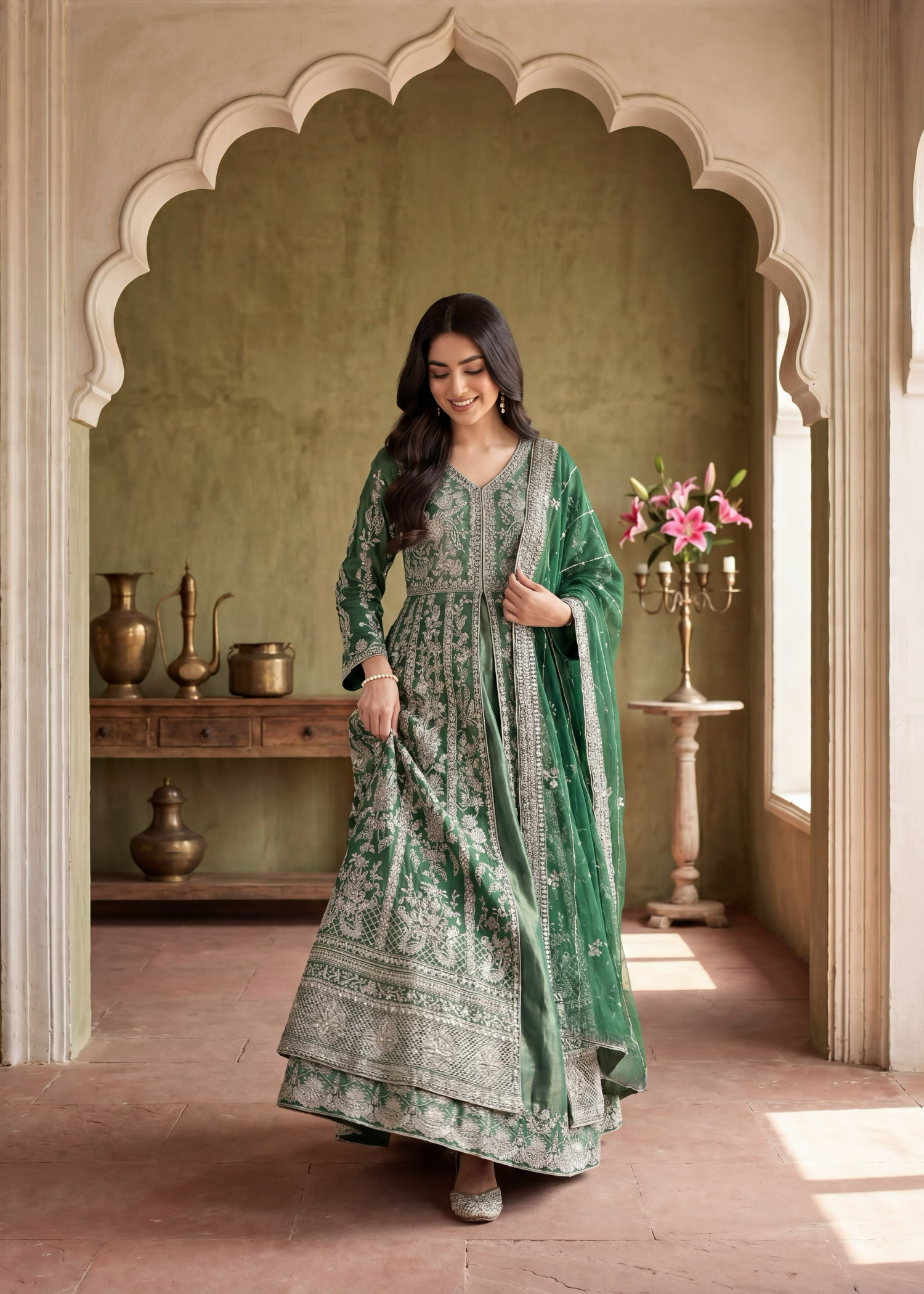 organza Pishwas in Bottle green