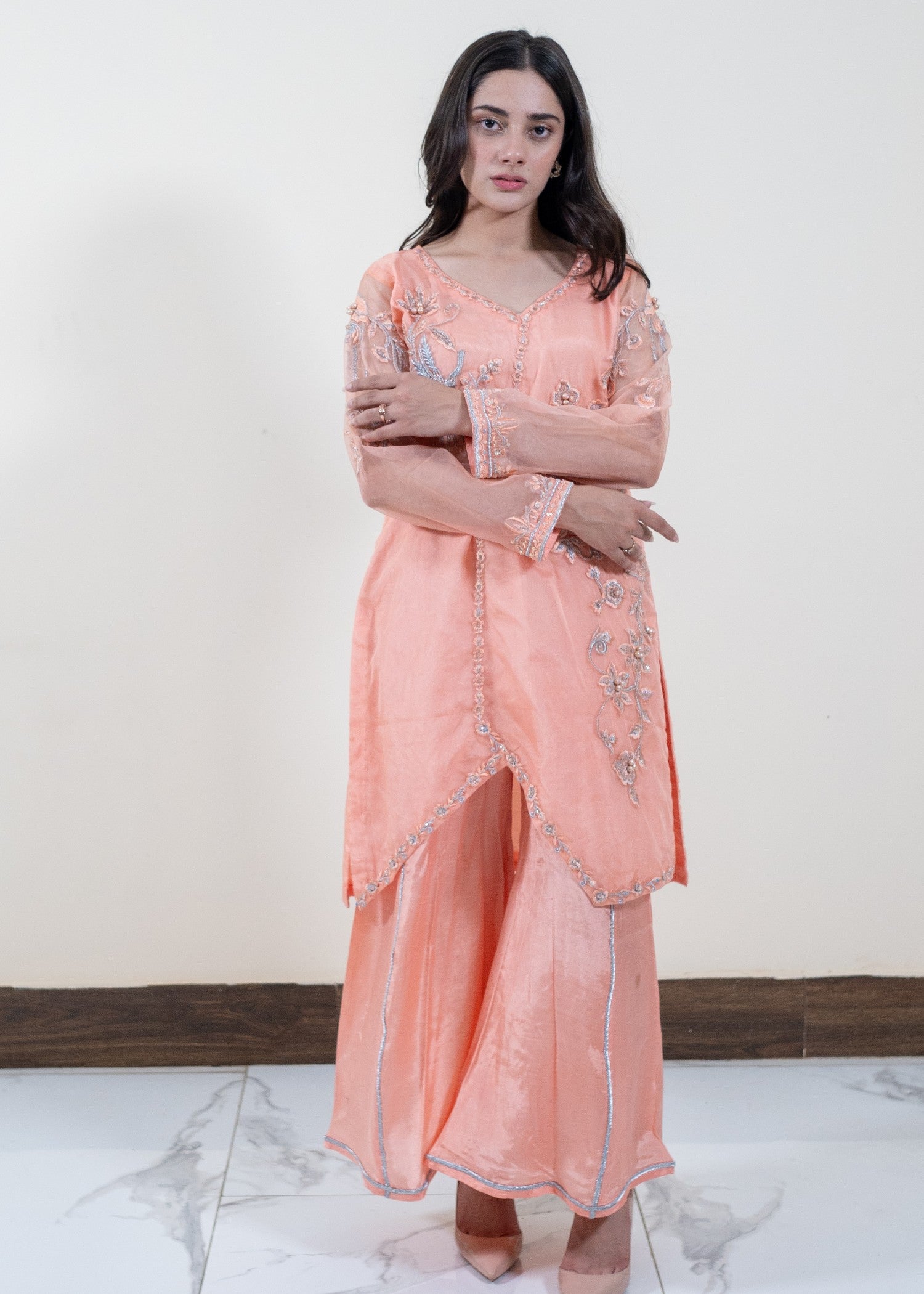 organza Kurta Set in Peach pink