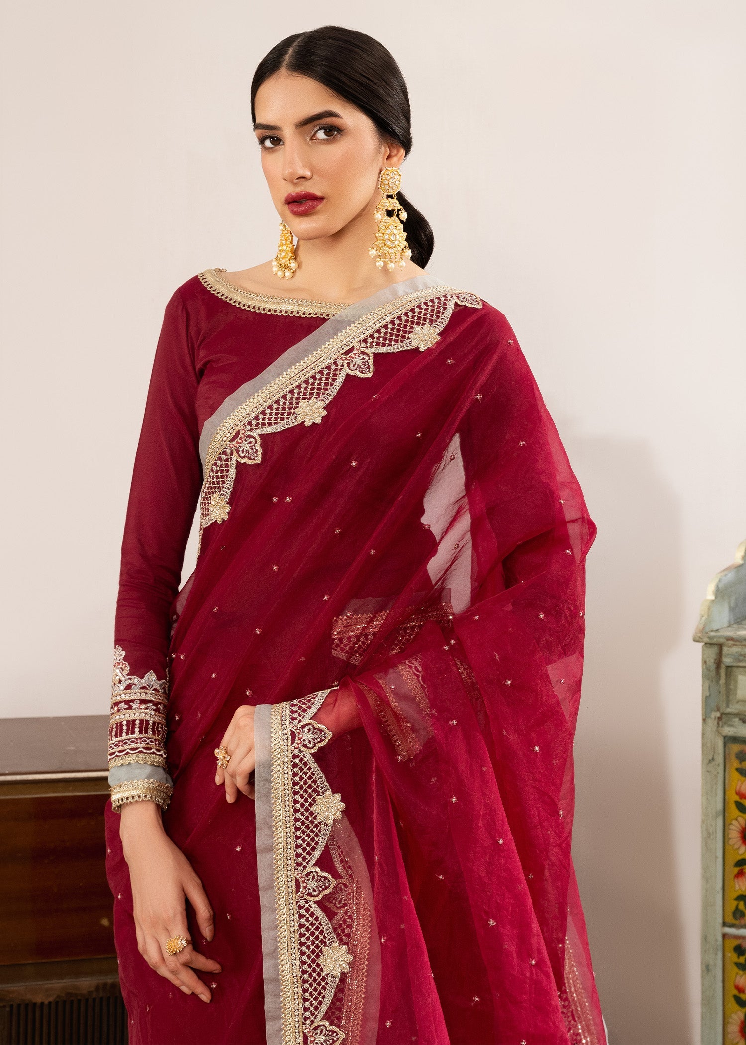 organza Saree in Maroon