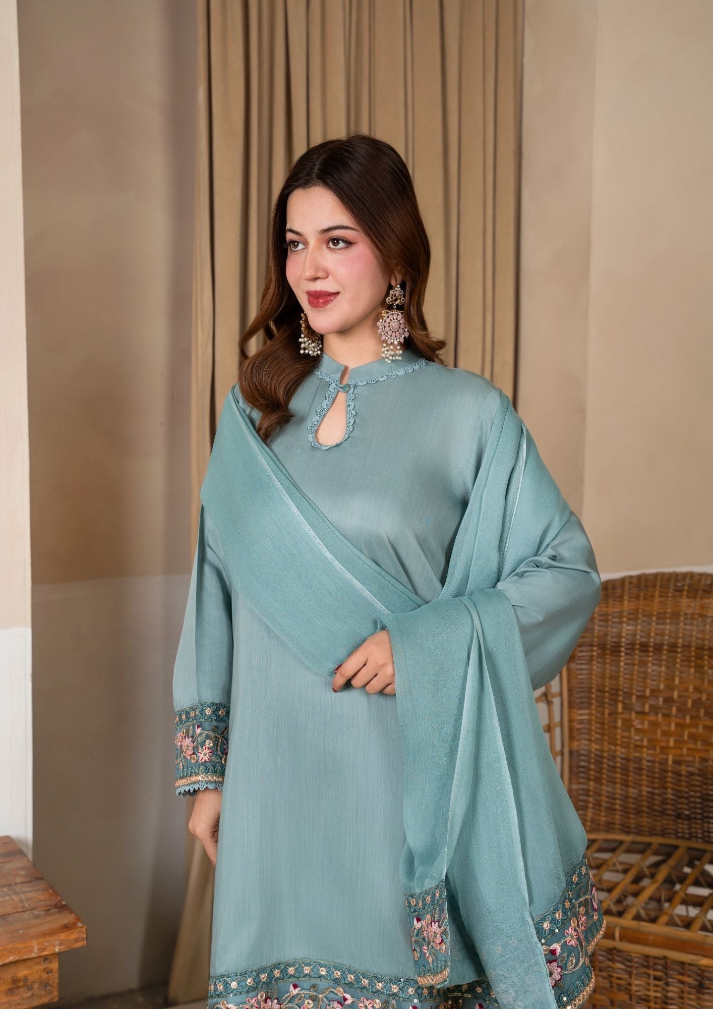 viscose raw silk Kurta Set in Duck egg grey