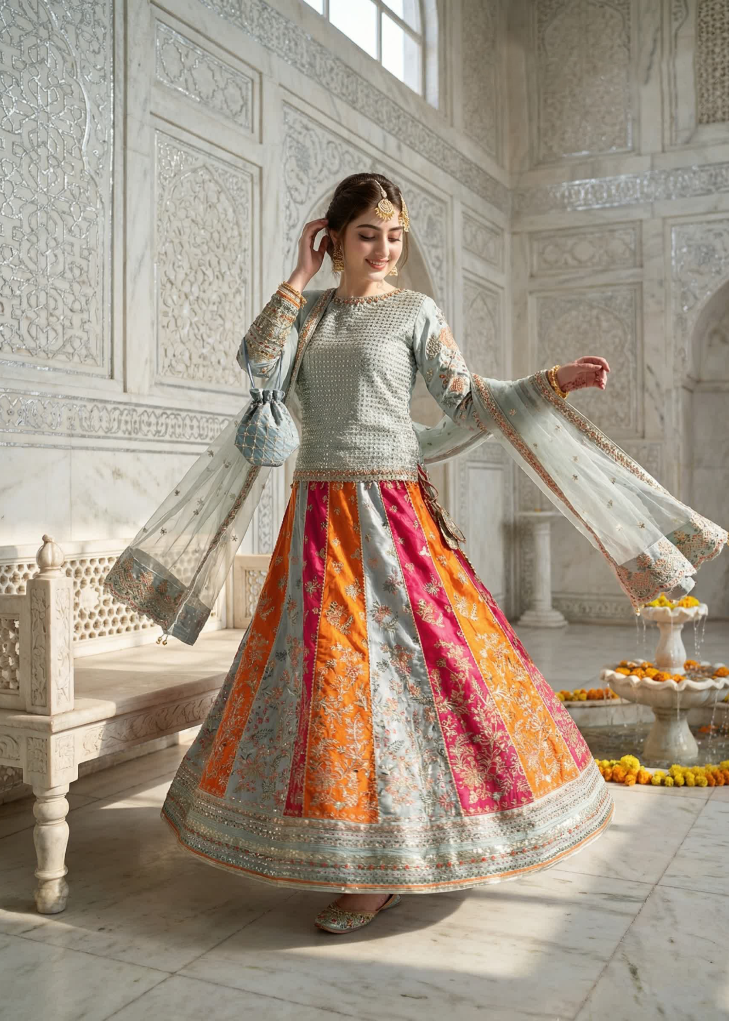 raw silk Lehenga in Ice blue, multi
