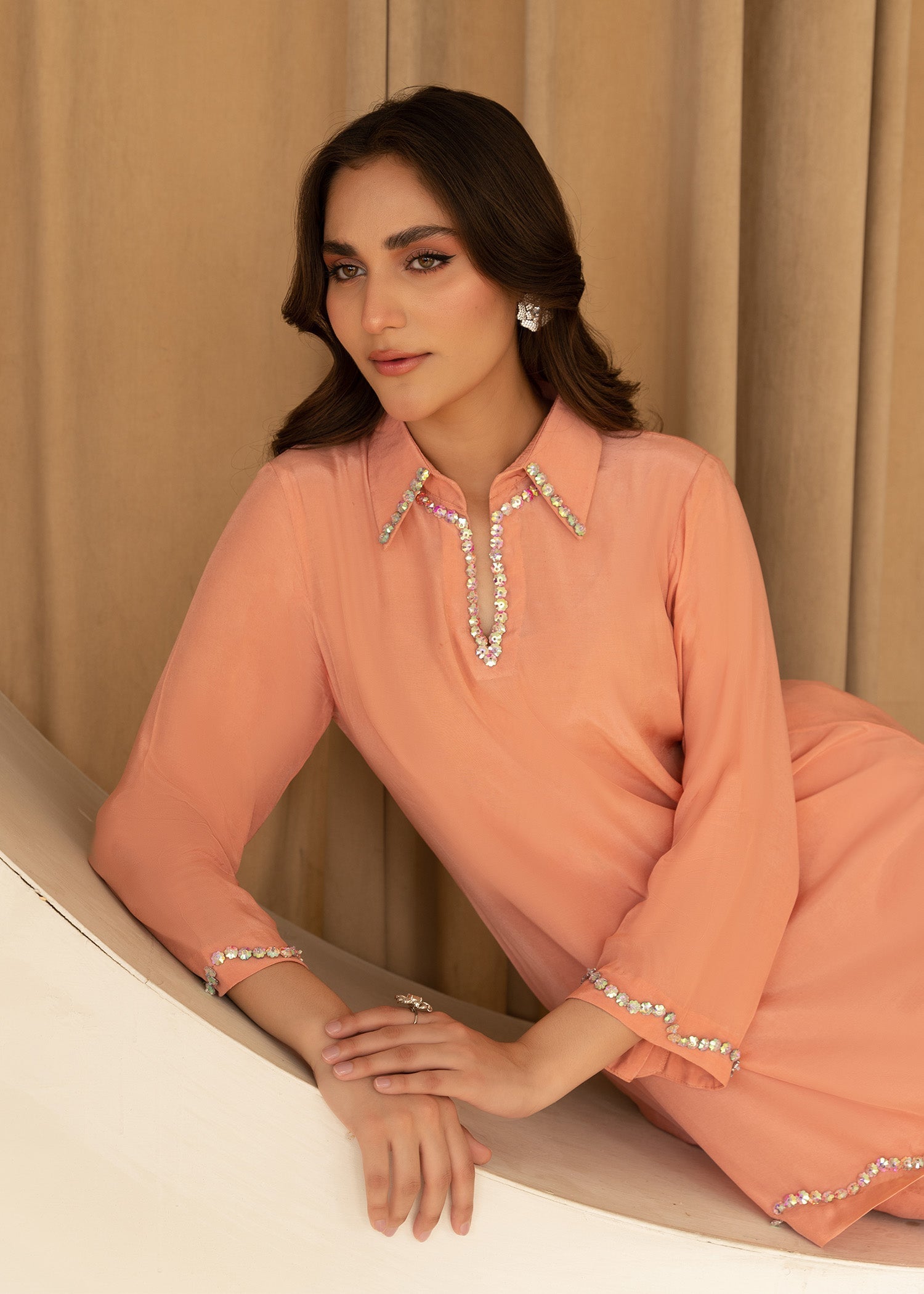 thai silk Kurta Set in Peach pink