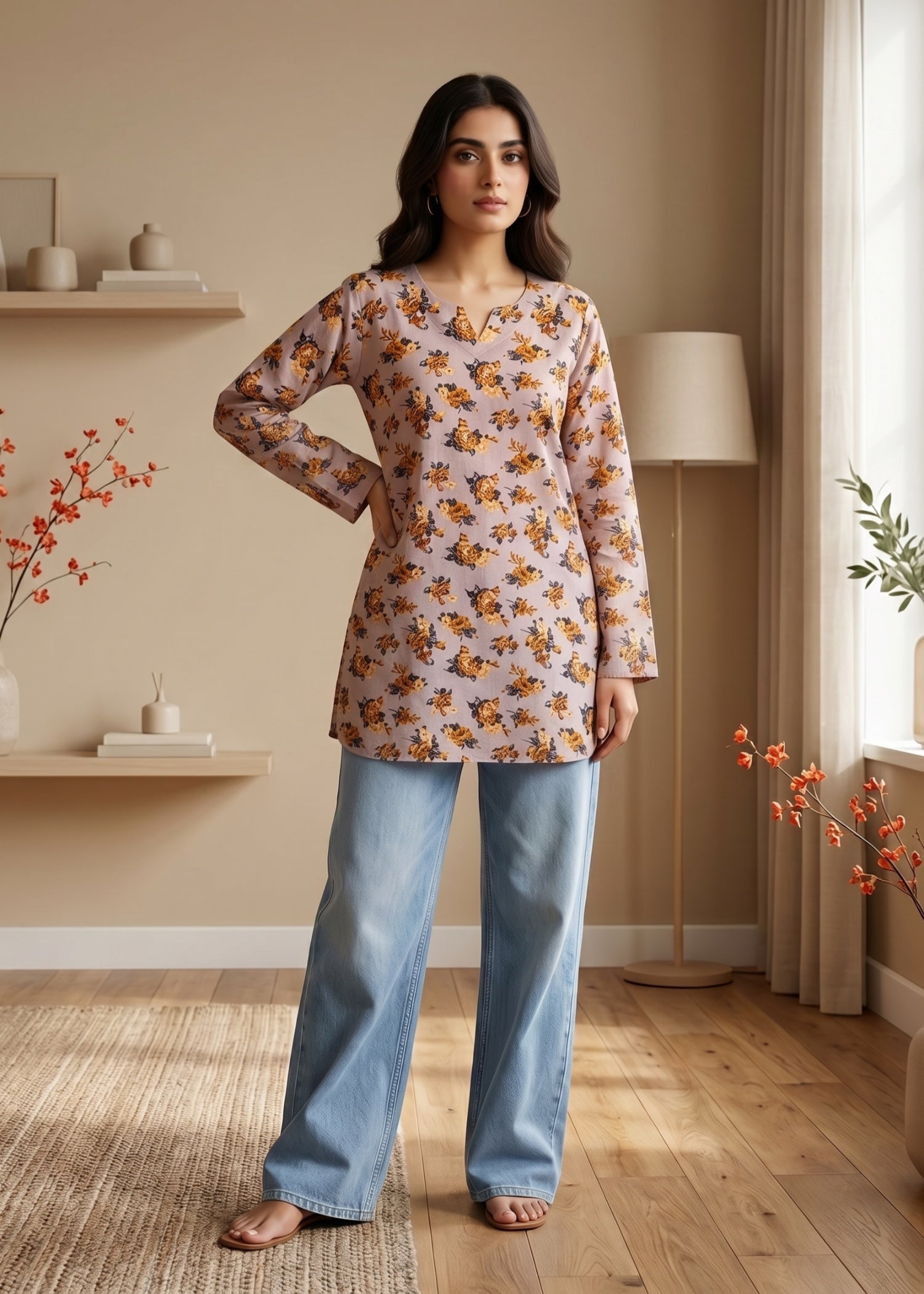 lawn cotton Kurti in Pastel grey, pastel pink