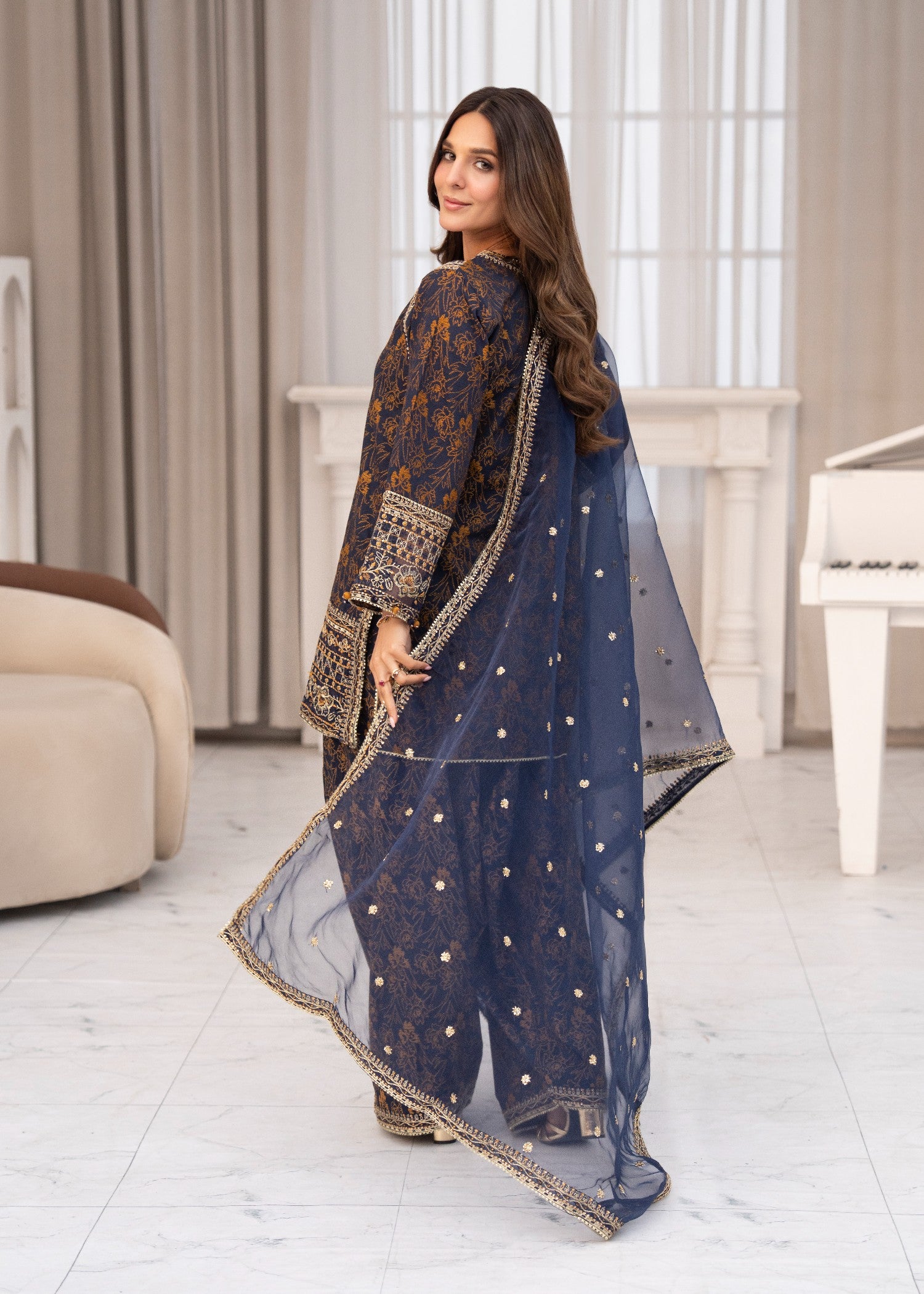 jacquard Kurta Set in Moonlight blue