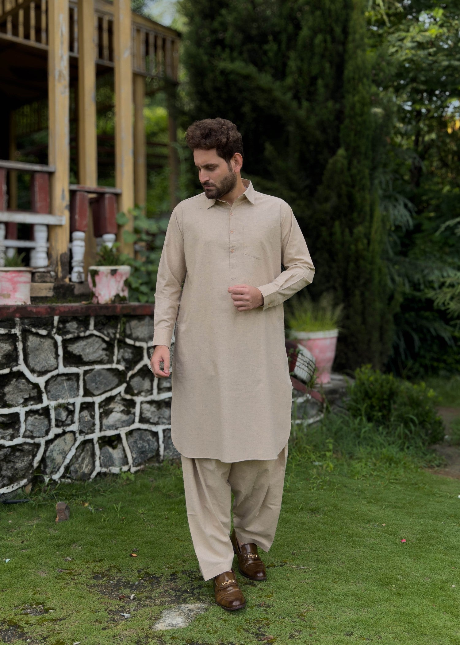 blended karandi Shalwar Kameez in Beige
