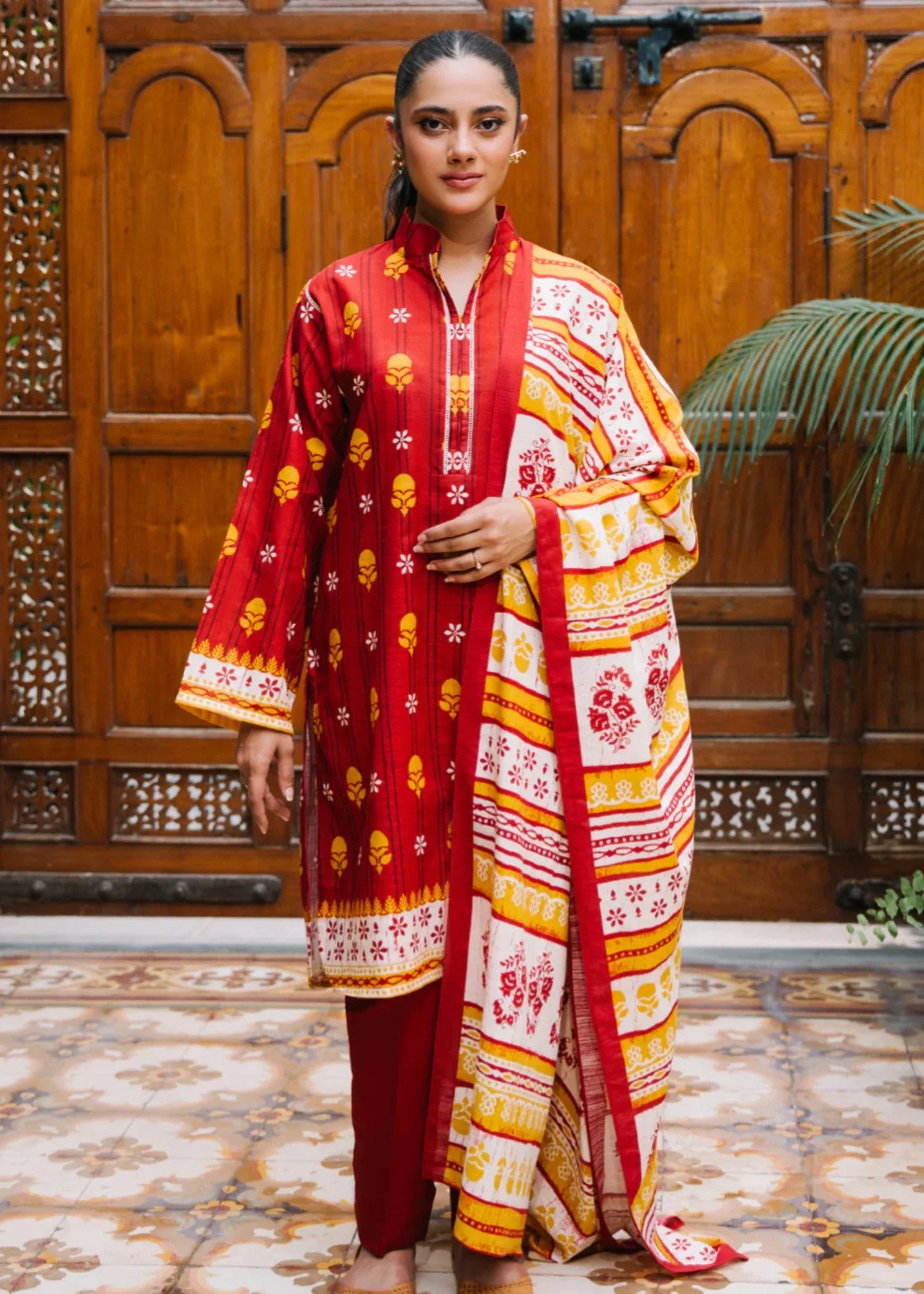 khaddar Unstitched in Rust orange