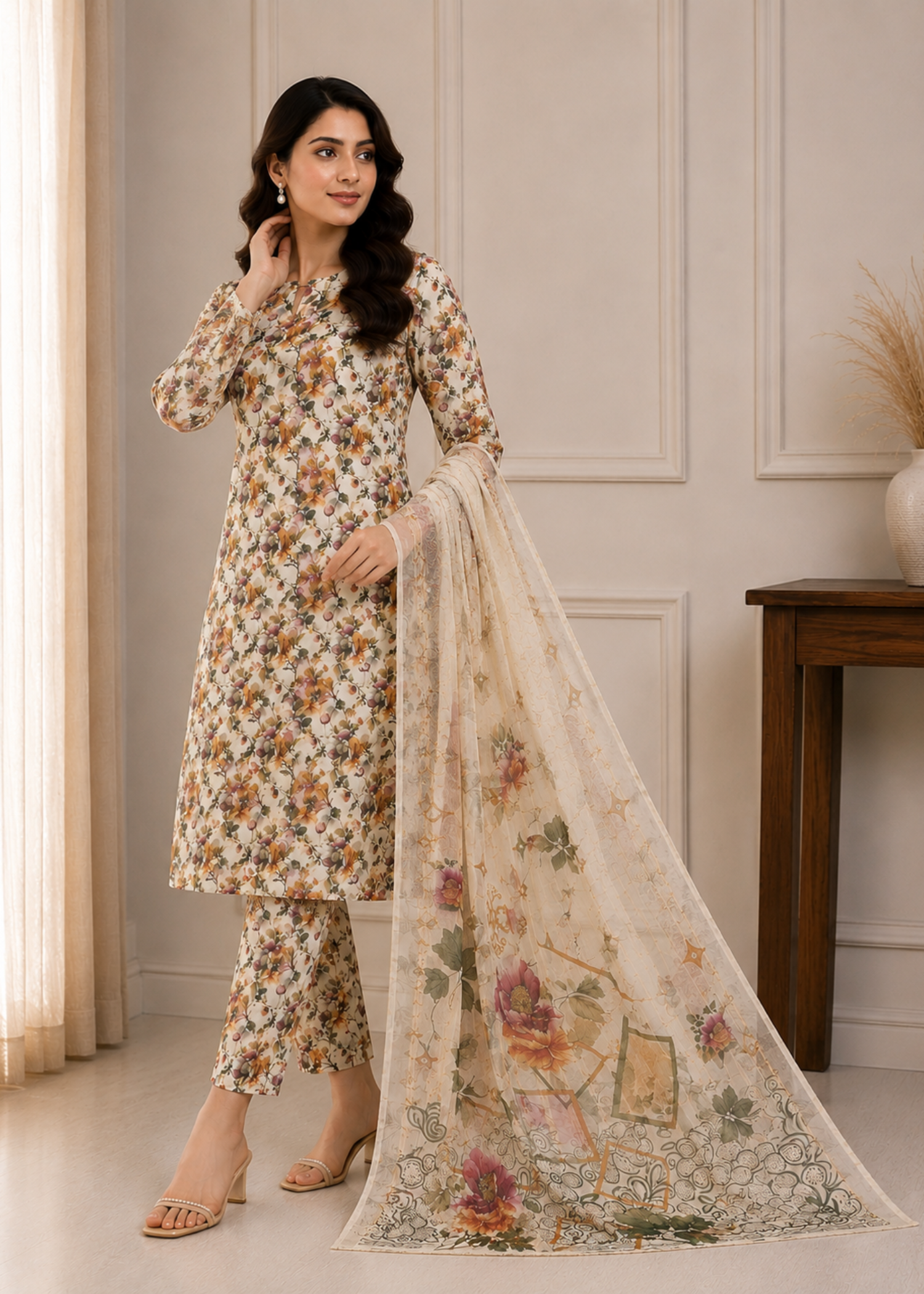 swiss lawn Unstitched in Cream