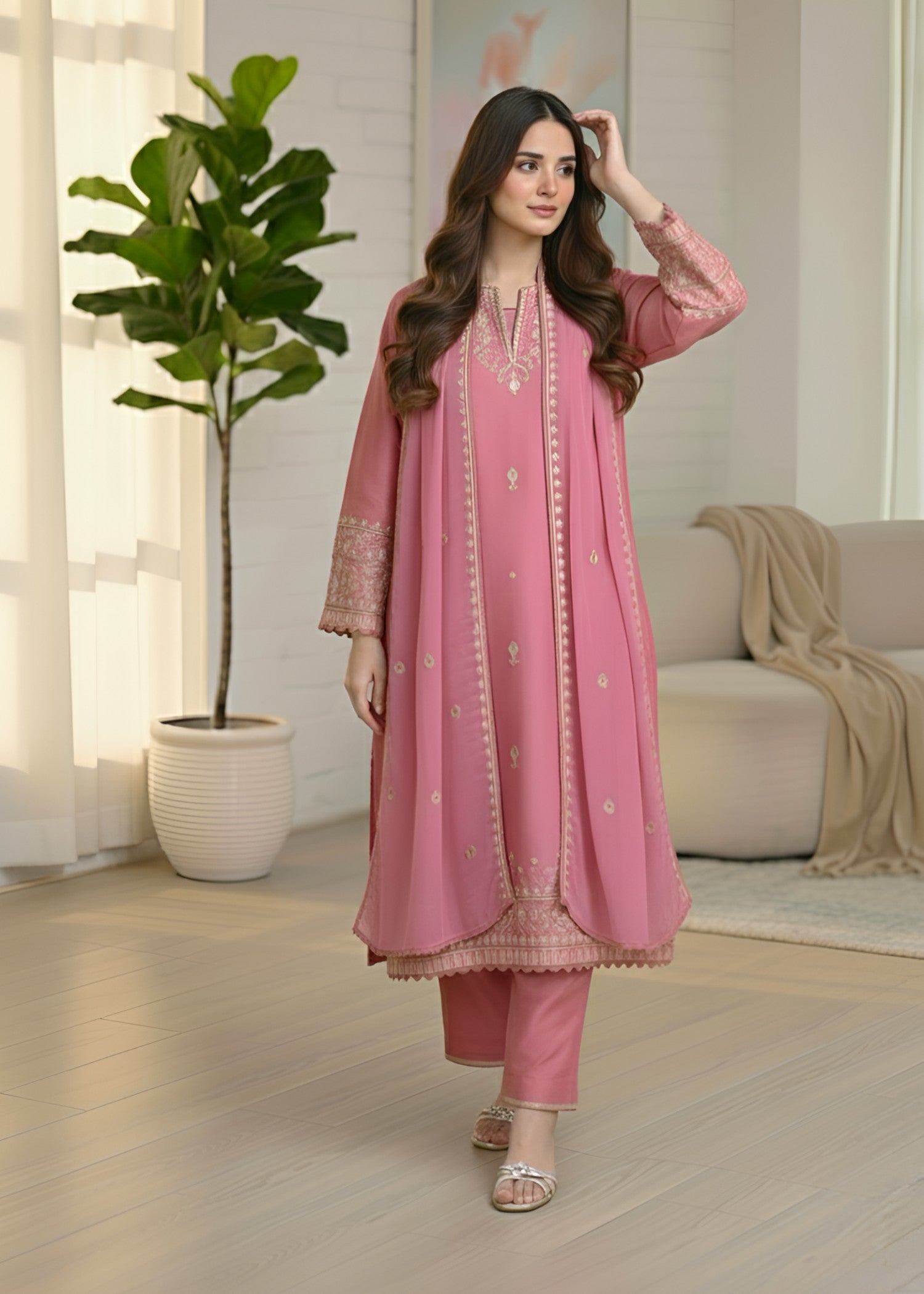 cambric Kurta Set in Salmon pink