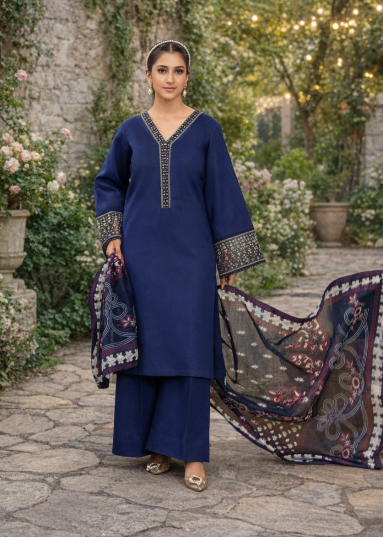 lawn karandi Kurta Set in Blue jay