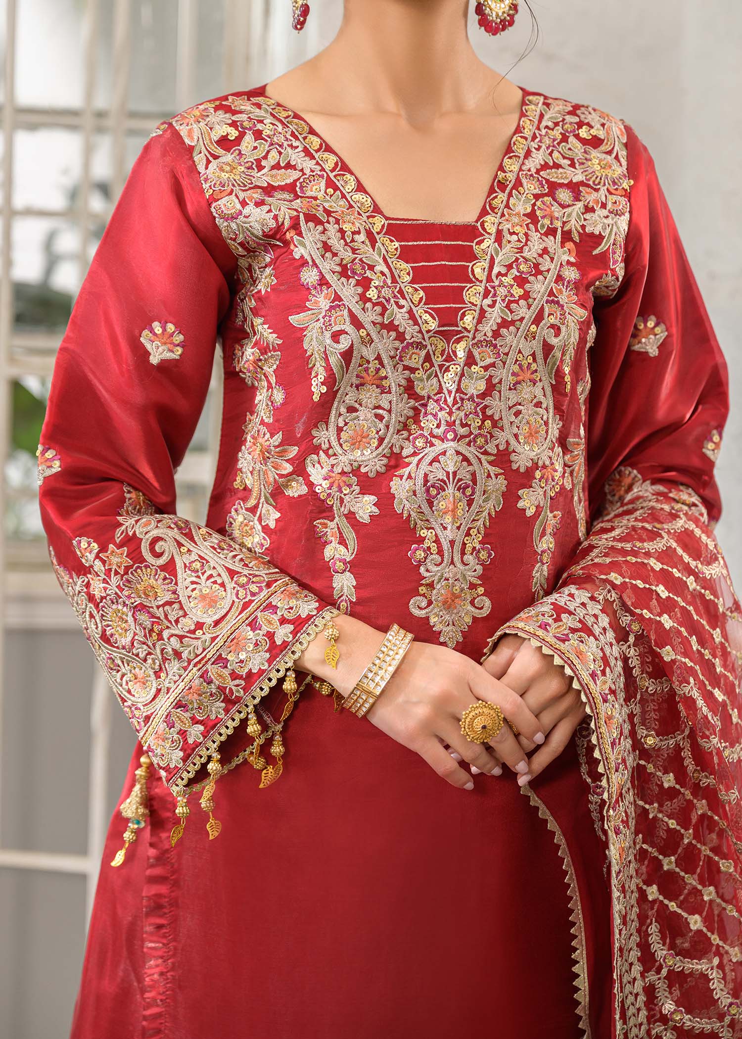 silk charmeuse Kurta Set in Crimson