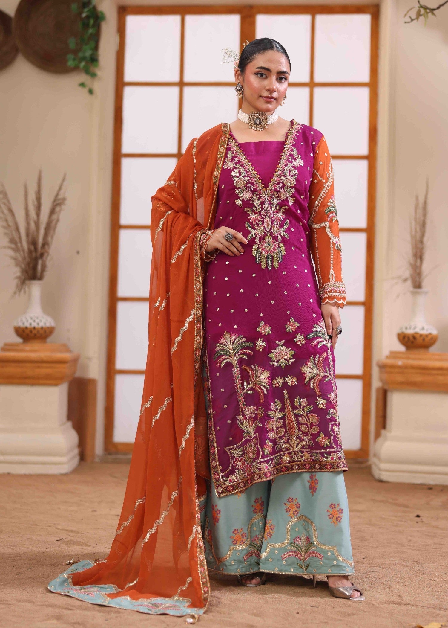 crinkle chiffon Kurta Set in Multi