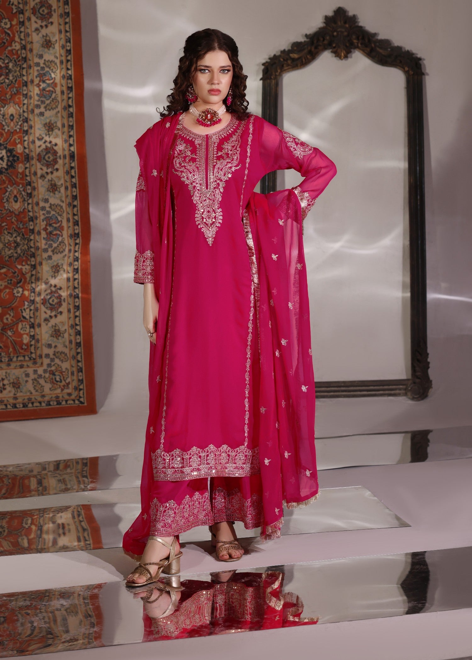 pk chiffon Kurta Set in Hot pink