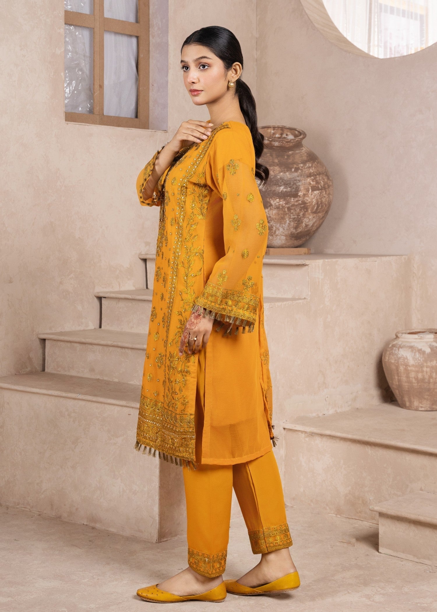 chiffon Kurta Set in Mustard