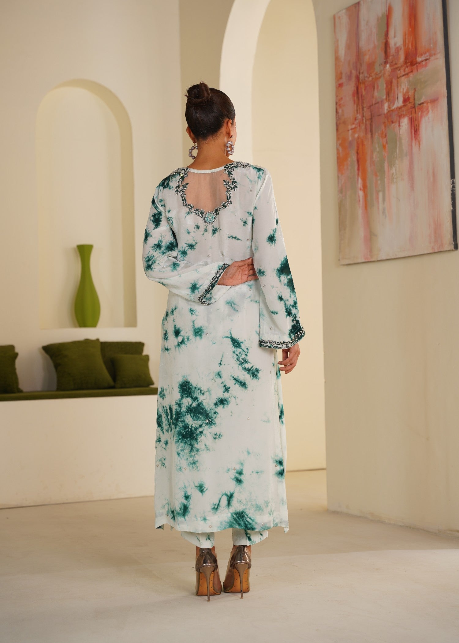 tussar silk Co Ord Sets in Dark green, white