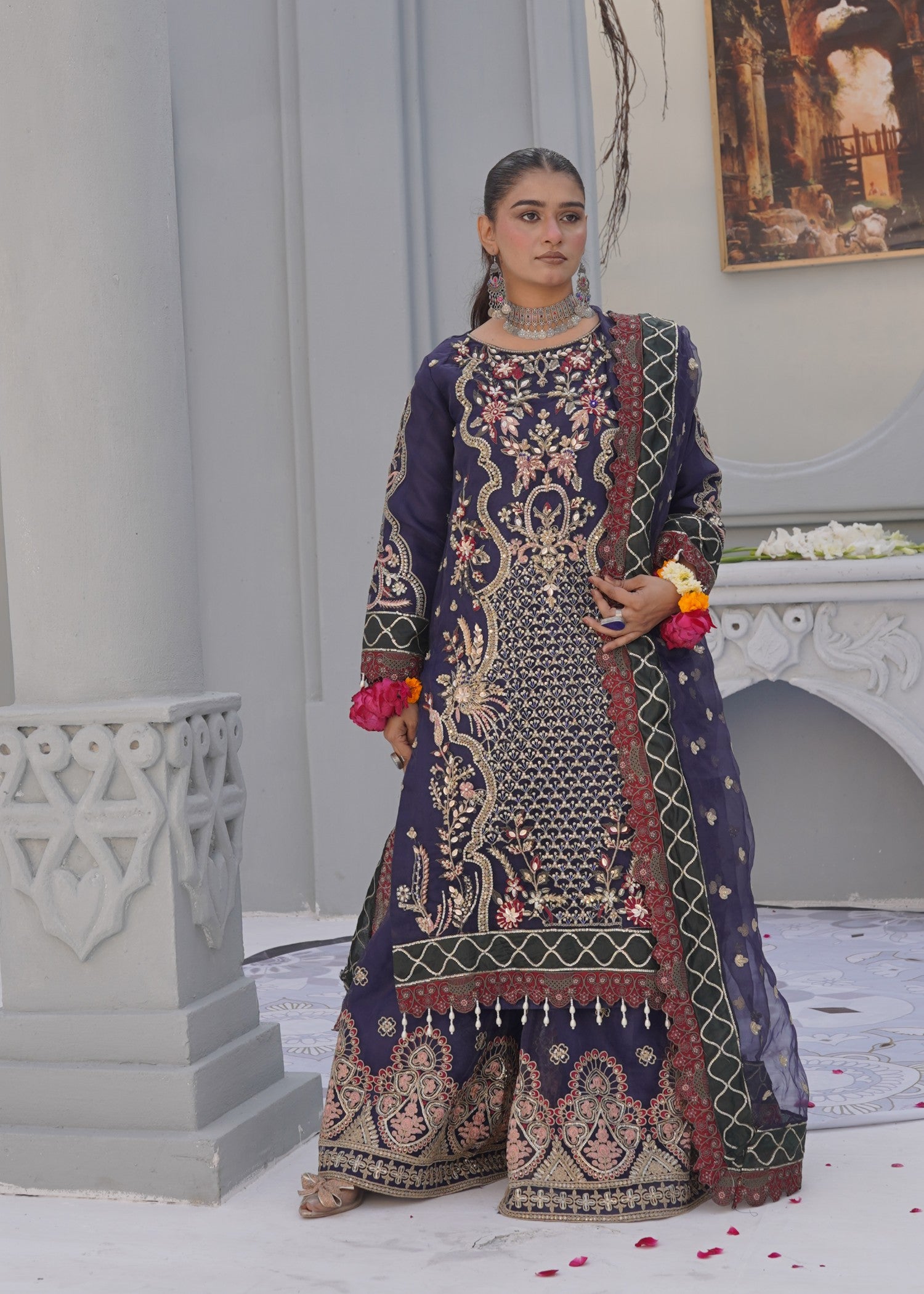 organza Sharara in Navy blue
