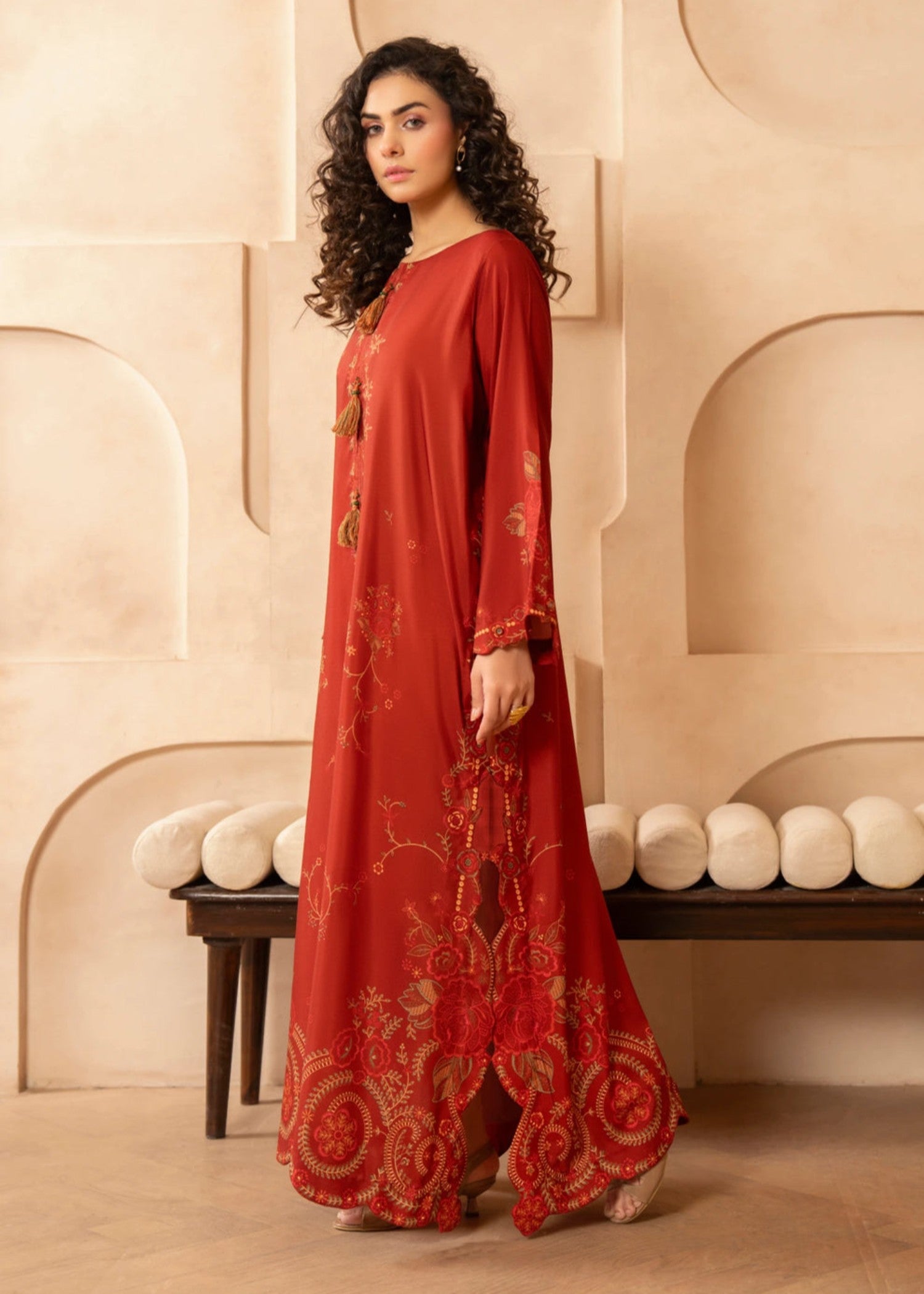 poly lawn Kaftan in Burnt red