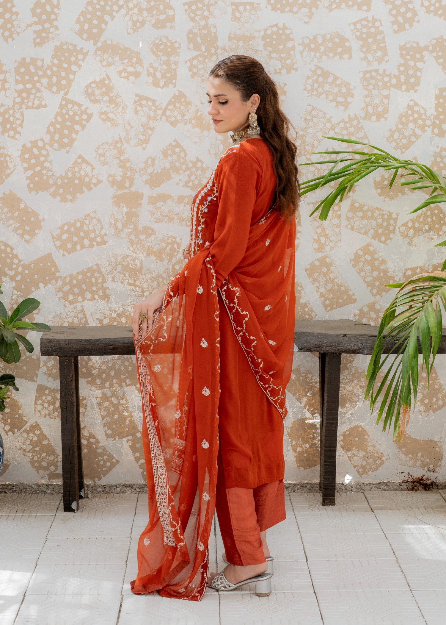 chiffon Kurta Set in Tangerine
