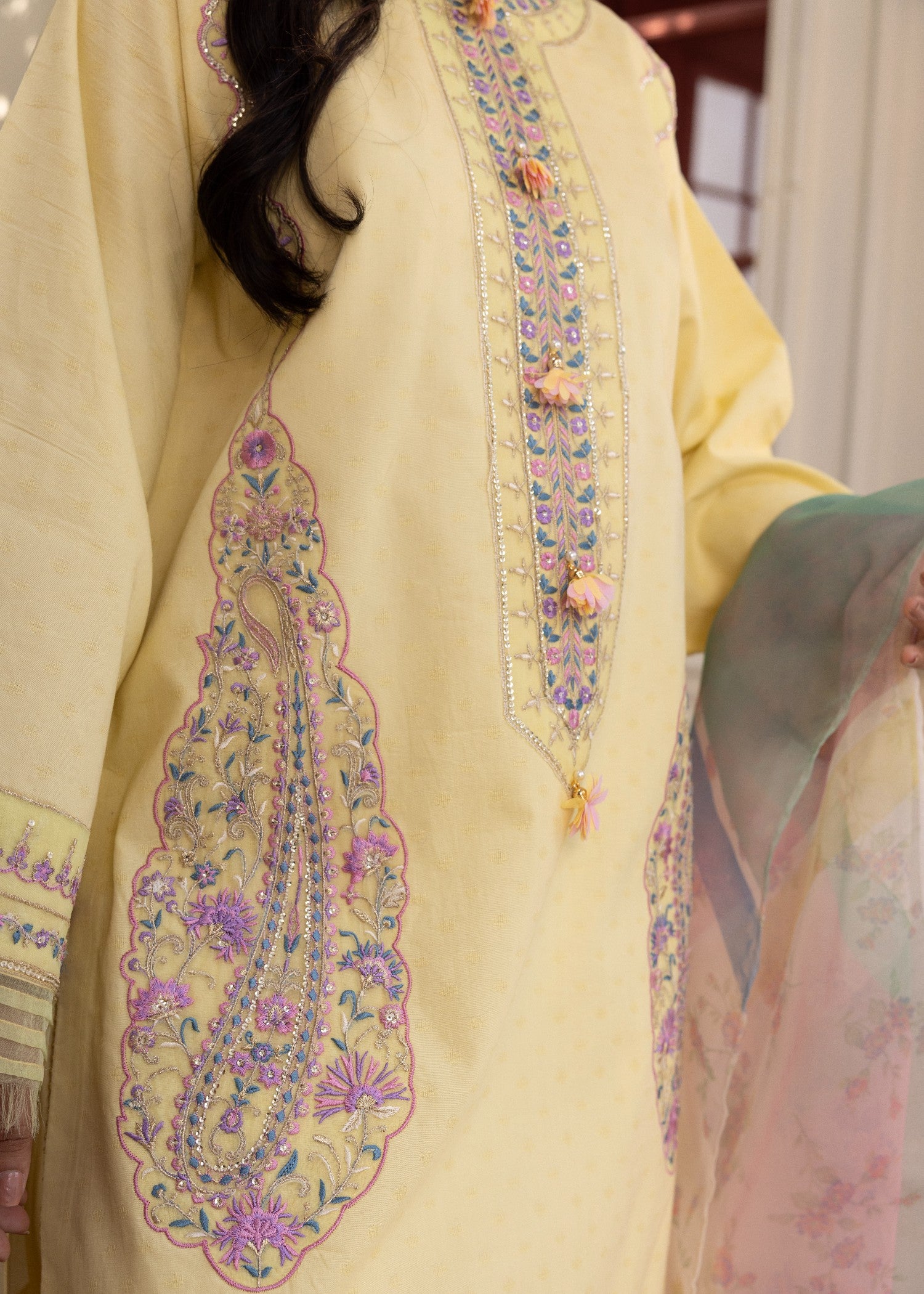 jacquard Kurta Set in Yellow