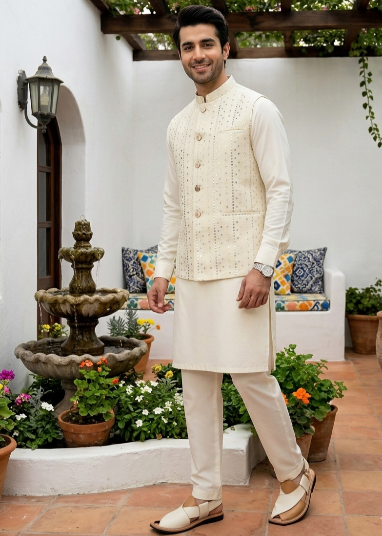 jamawar Waistcoat in Off-white, ivory