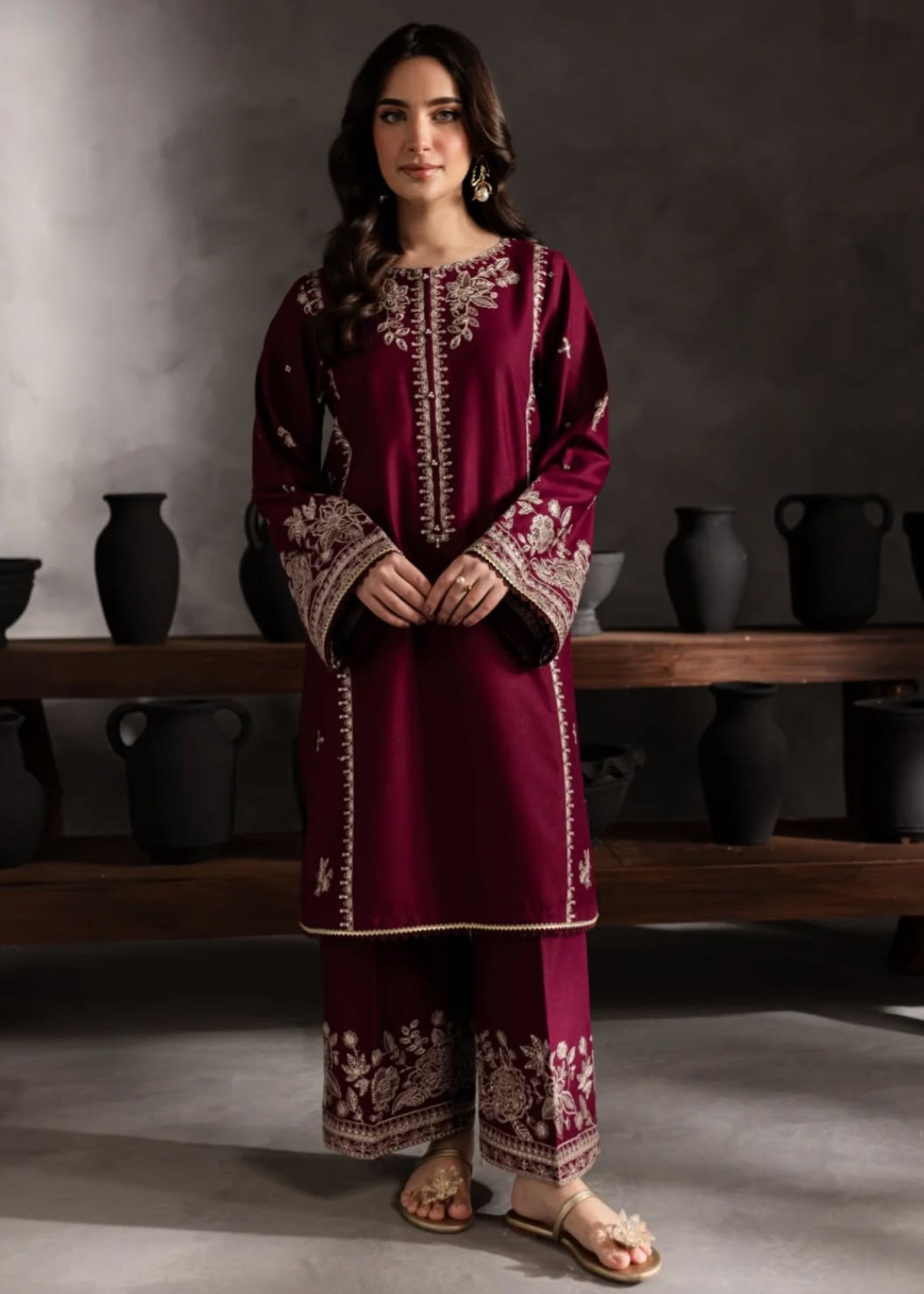 lawn Kurta Set in Maroon