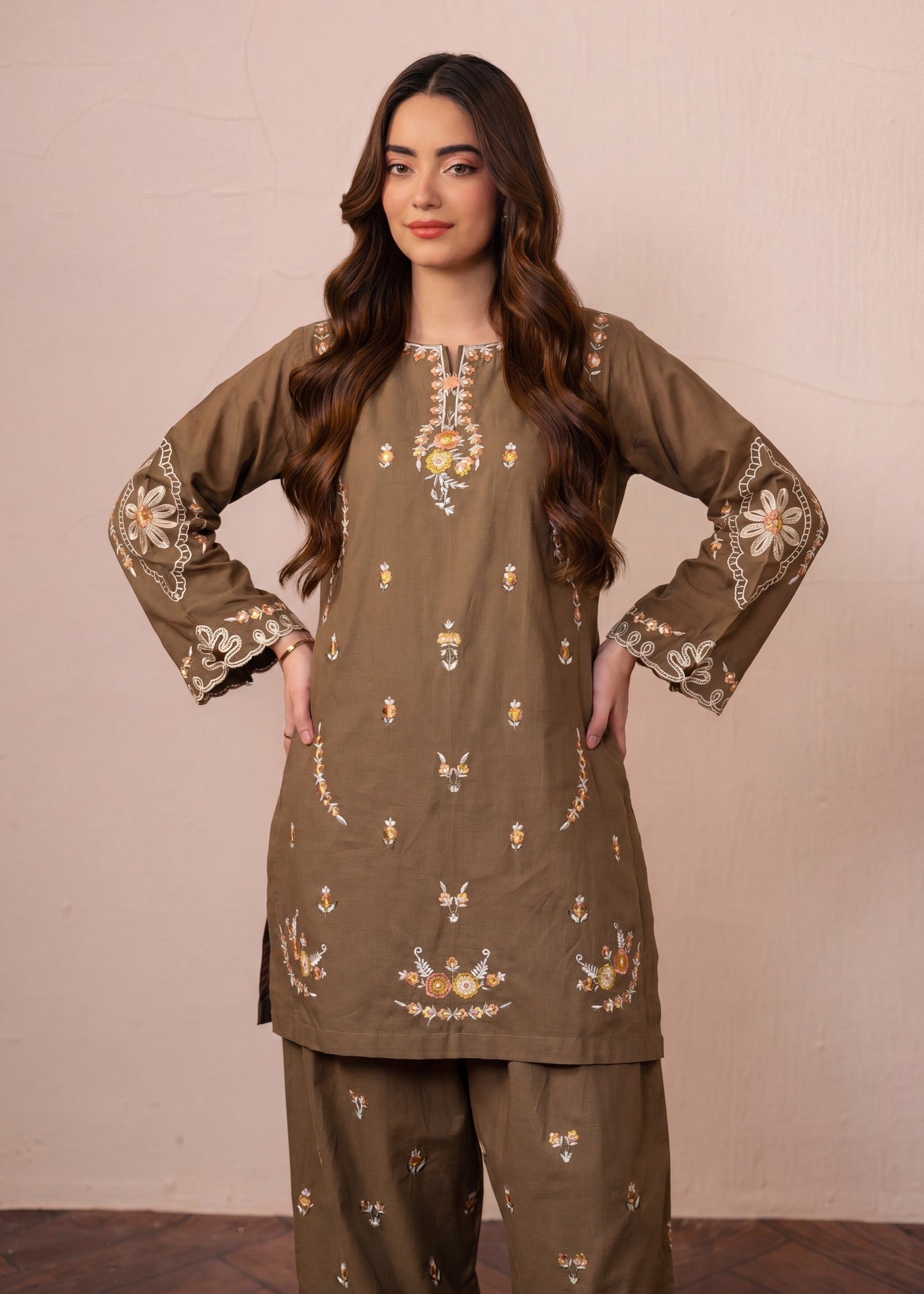 lawn Kurta Set in Camel brown