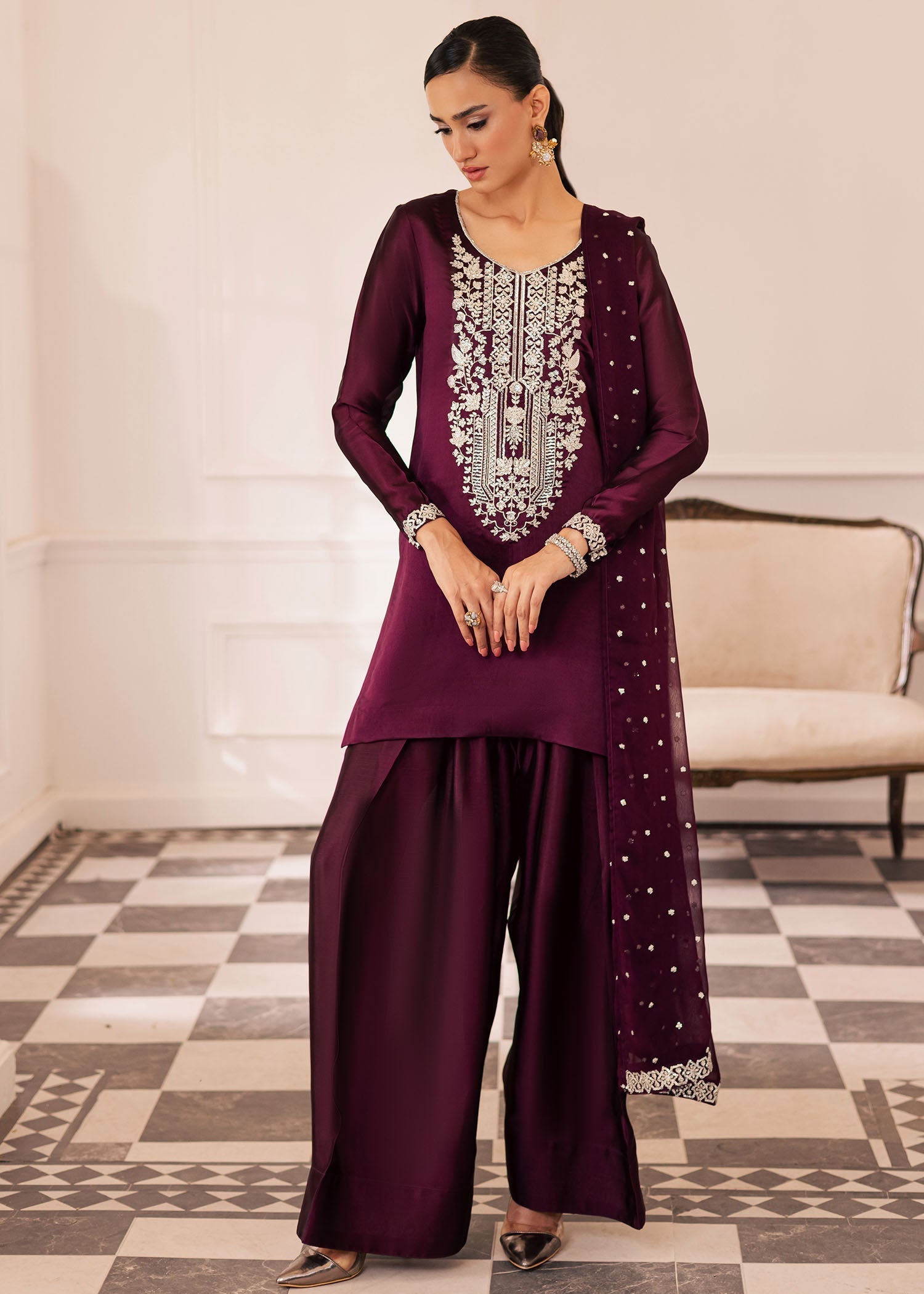 thai silk Kurta Set in Deep purple