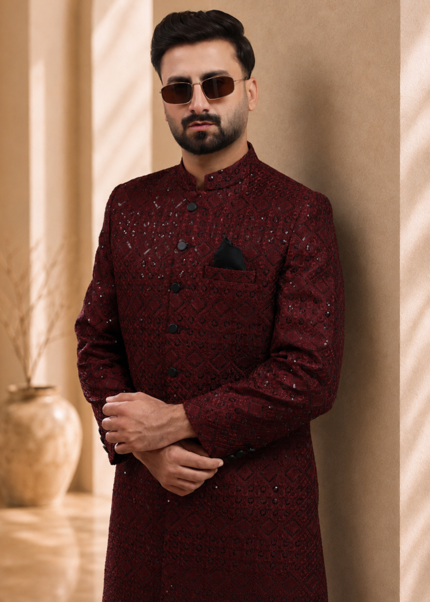 jamawar Sherwani in Maroon by The Great Masters (TGM)