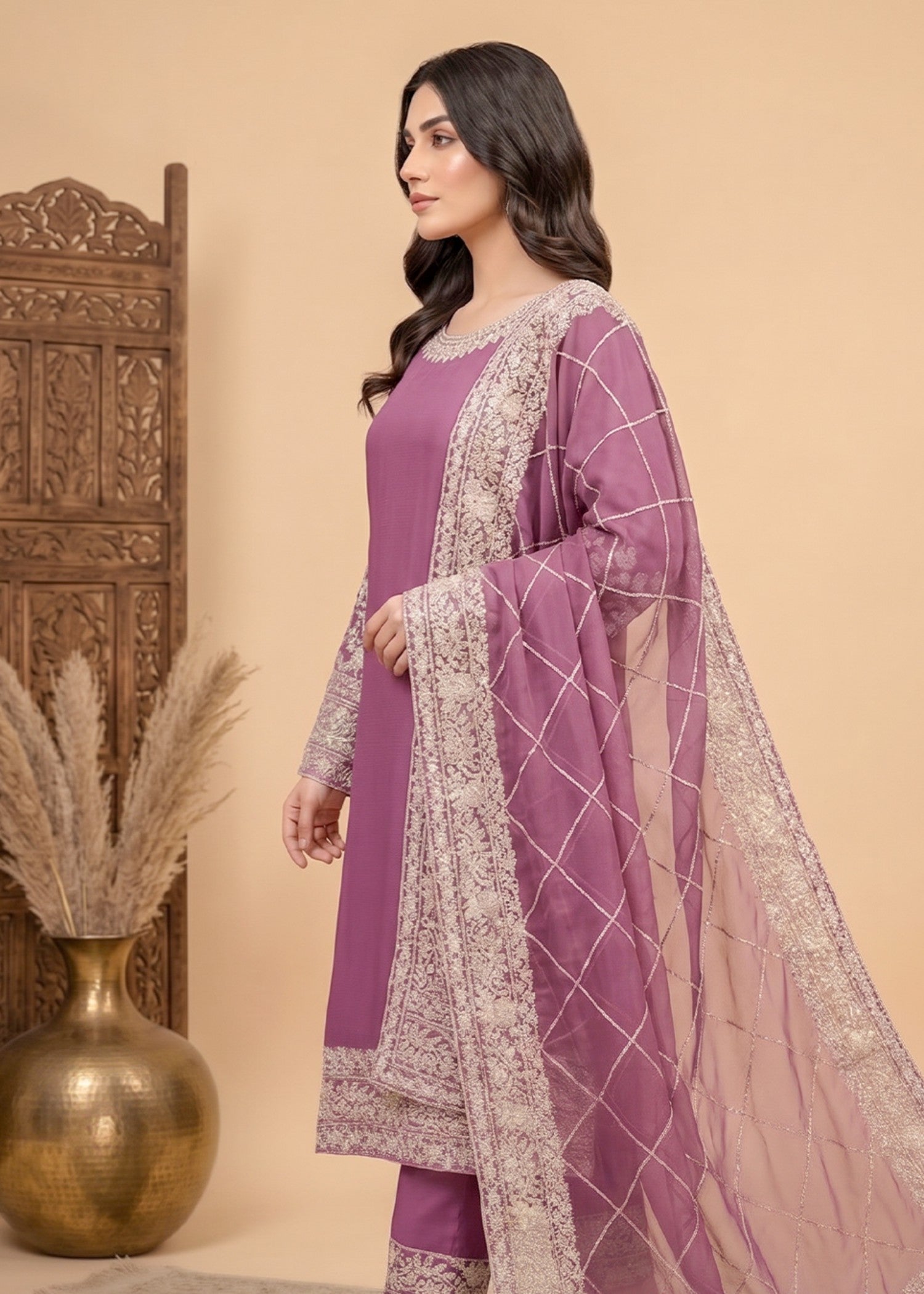 chiffon Kurta Set in Mulberry