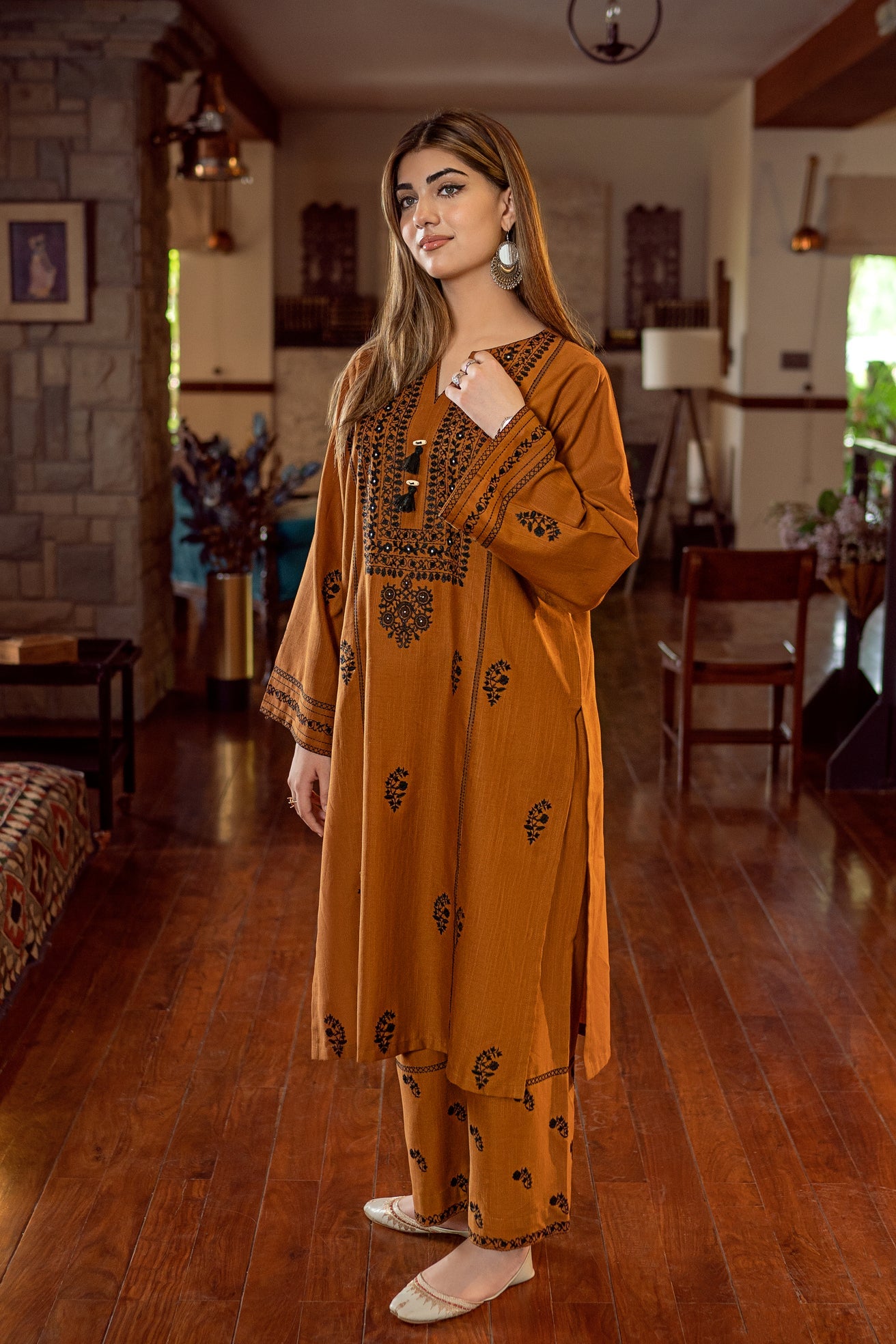 slub khaddar Kurta Set in Yellow ochre
