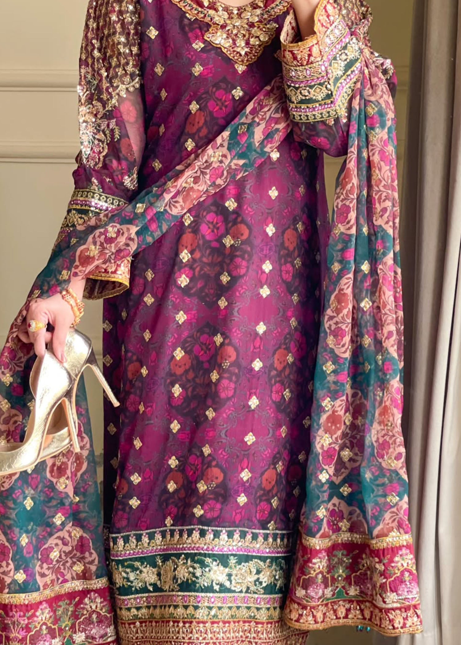 chiffon Kurta Set in Magenta