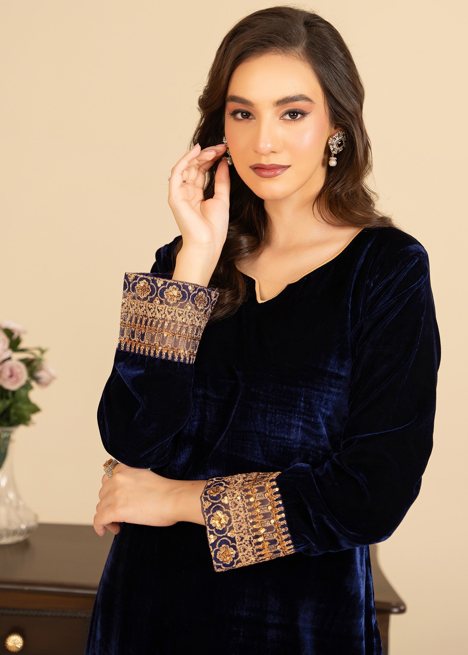 velvet Kurta Set in Navy blue