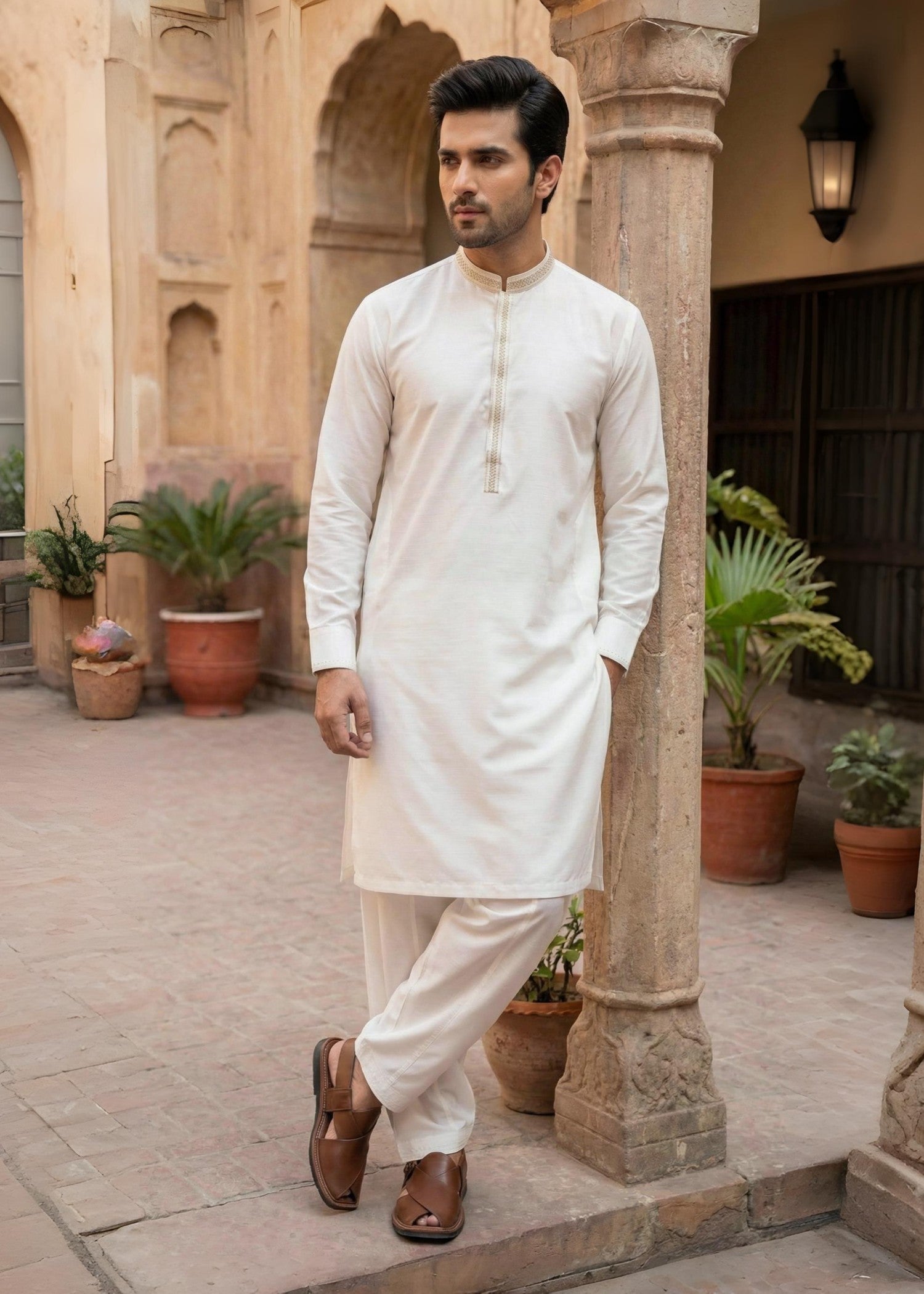 textured wash & wear Shalwar Kameez in Off-white