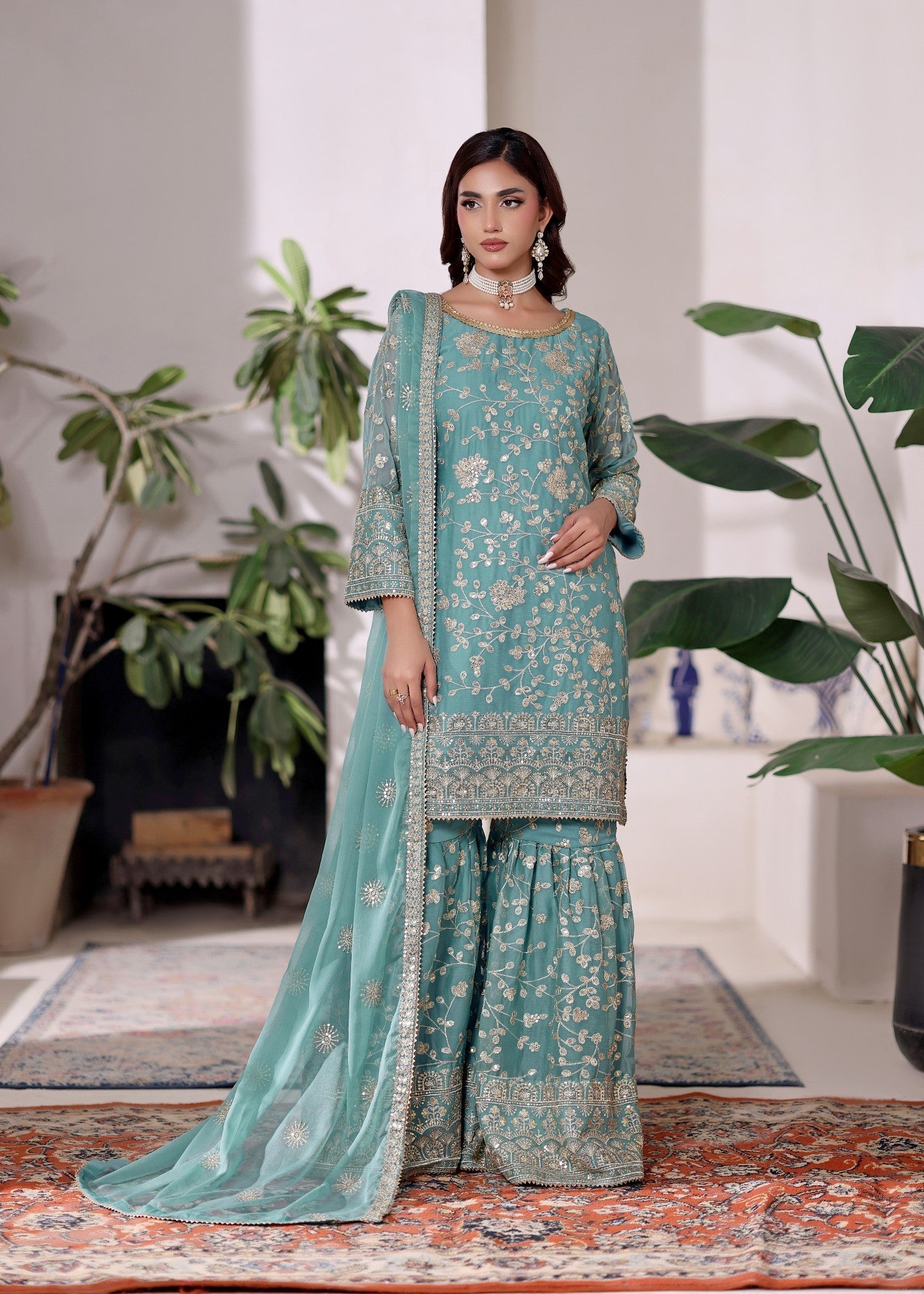 chiffon Gharara in Aquamarine