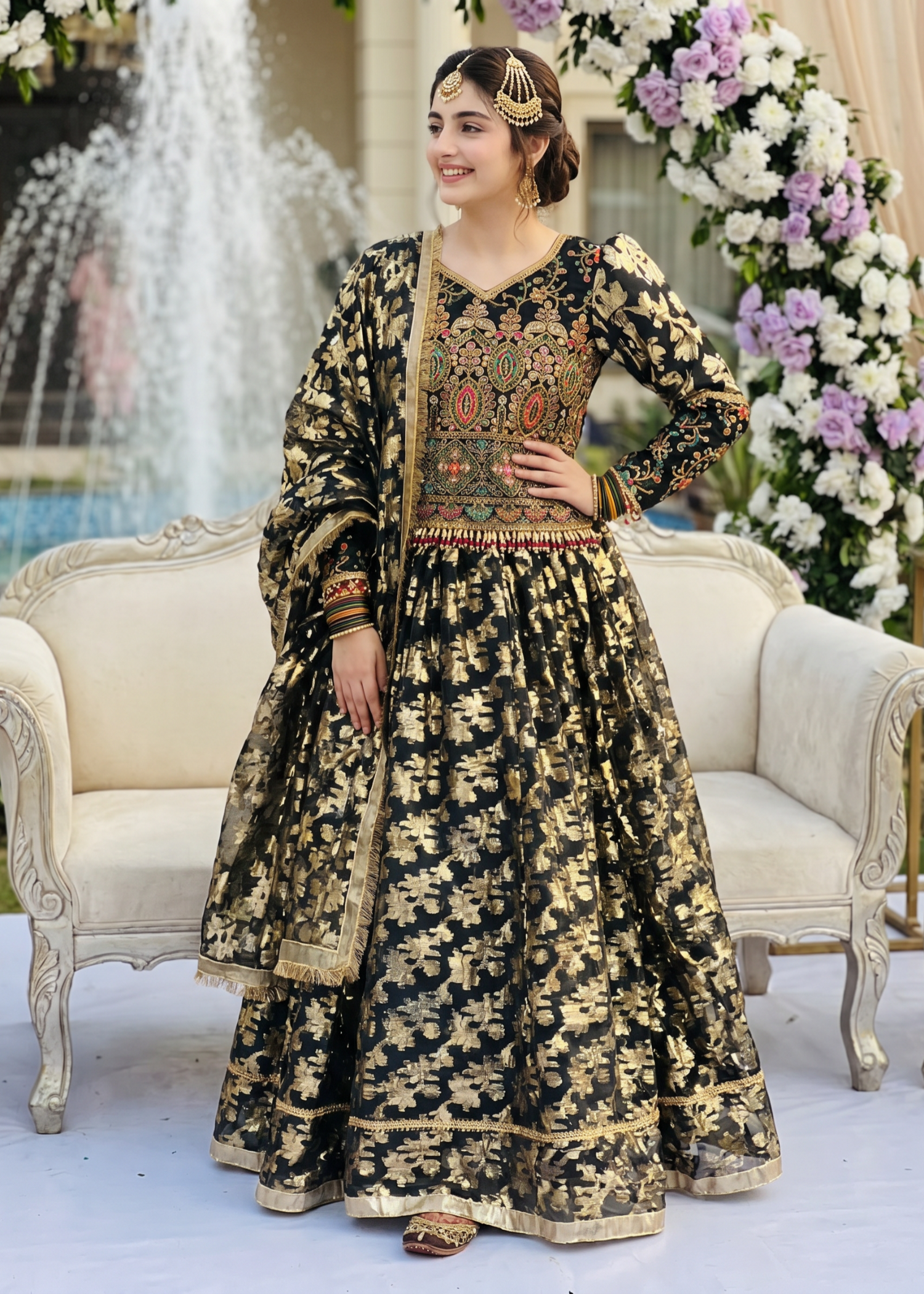 organza Lehenga in Black, gold