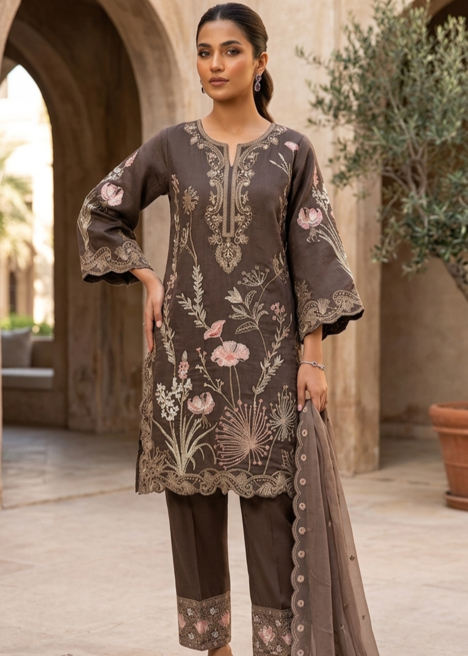 organza Kurta Set in Walnut brown